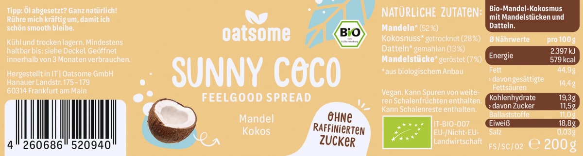 Mandelmus, \Sunny Coco\ Feelgood Spreads, Mandel Kokos mit Datteln gesüßt, 200 g
