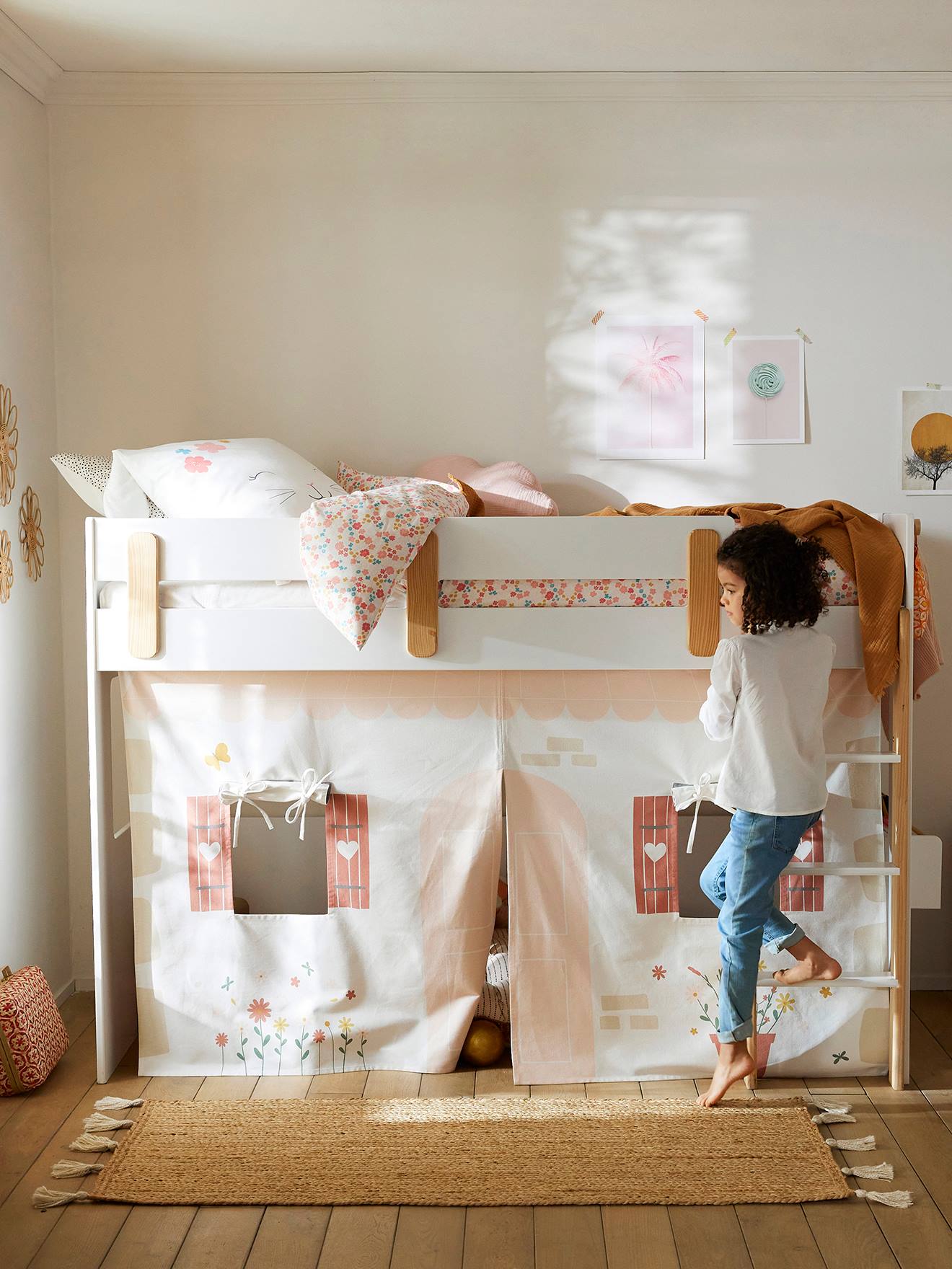 Vertbaudet Kinderzimmer Bettvorhang Cottage für Hochbett EVEREST - weiß bedruckt