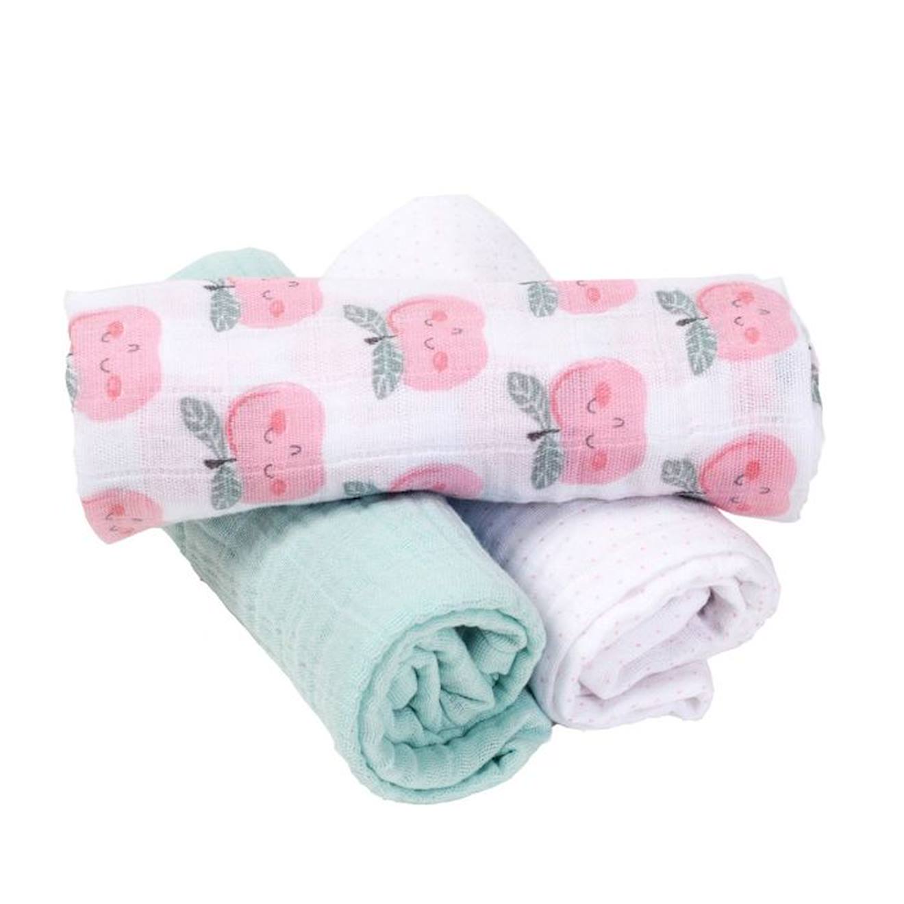 Lot de 3 langes en coton bio* Pomme d'Amour rose