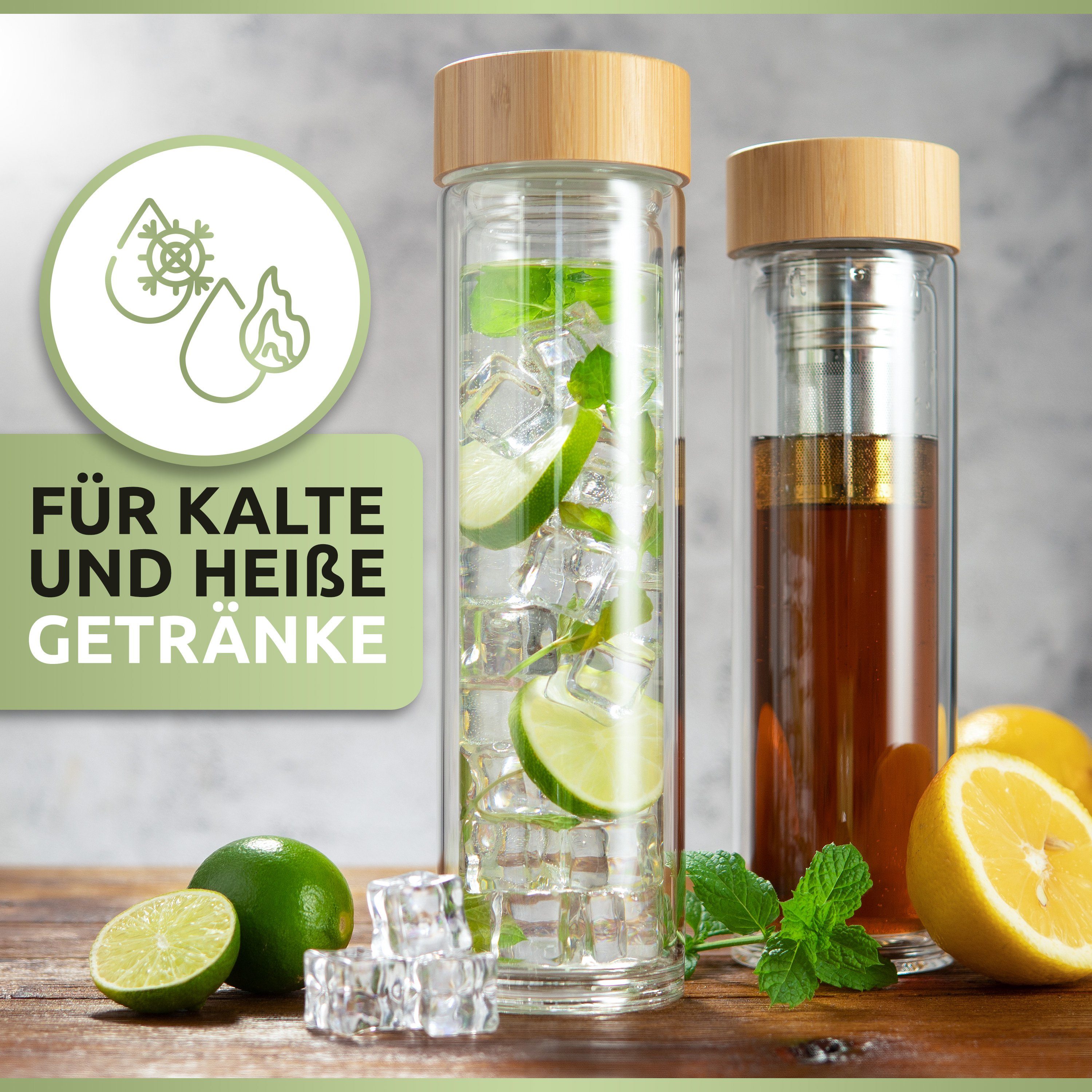 PORADA Trinkflasche Teeflasche Glas 500ml Sieb to go Trinkflasche Thermoskanne Teesieb, Handarbeit, platzsparend, wärmeisoliert, doppelwandig