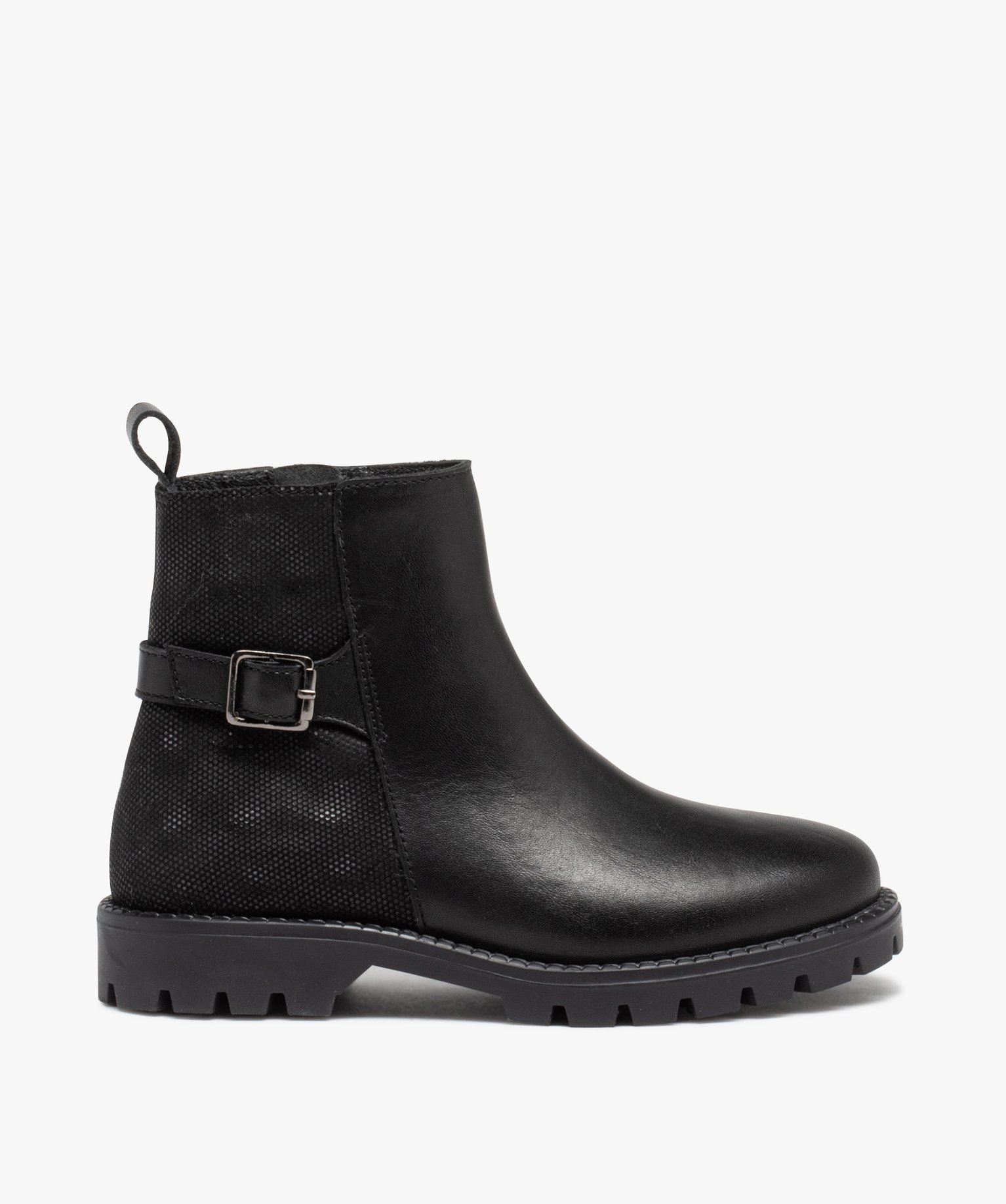 Boots en cuir à semelle crantée et bride fille noir | GEMO