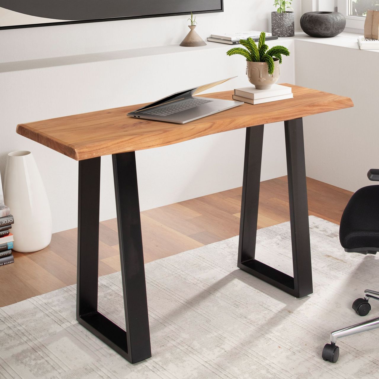 Wohnling Schreibtisch 118 cm Akazie Massivholz Bürotisch Laptoptisch Baumkante