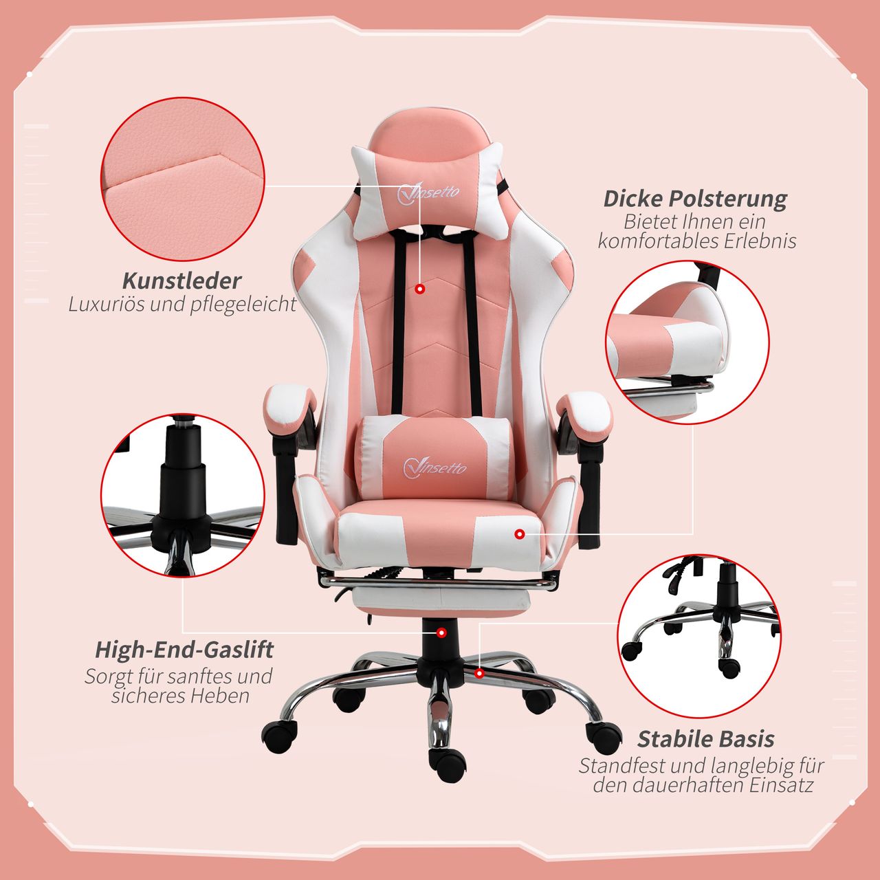 HOMCOM Gamingstuhl Computerstuhl Ergonomischer Bürostuhl Gamer Stuhl mit Kopfstütze Lendenkissen Bürostuhl höhenverstellbar 360°drehbar Schaumstoff Kunstleder PVC Rosa Weiß 64 x 67 x 119-127 cm