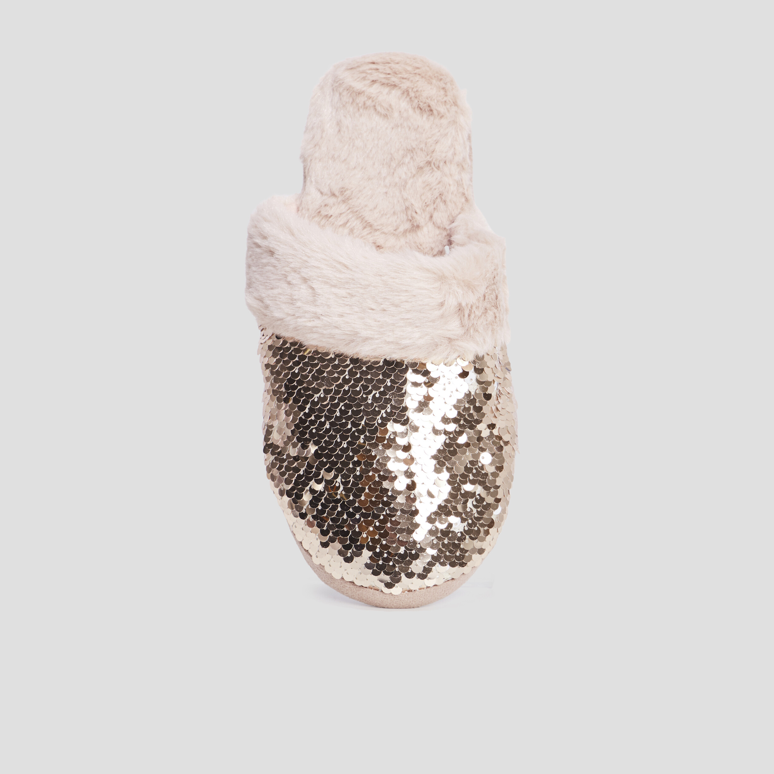 Chaussons mules sequins et fourrure jaune or femme | La Halle