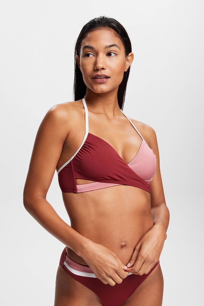 Dreifarbiges, wattiertes Bikinitop im Wickel-Look