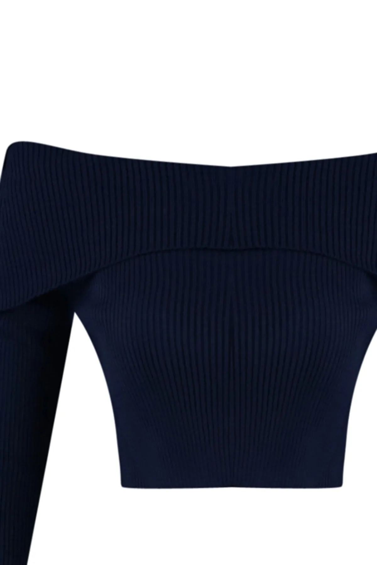 Trendyol Collection  Marineblauer, kurzer Strickpullover mit Carmen-Kragen TWOAW22KZ1897