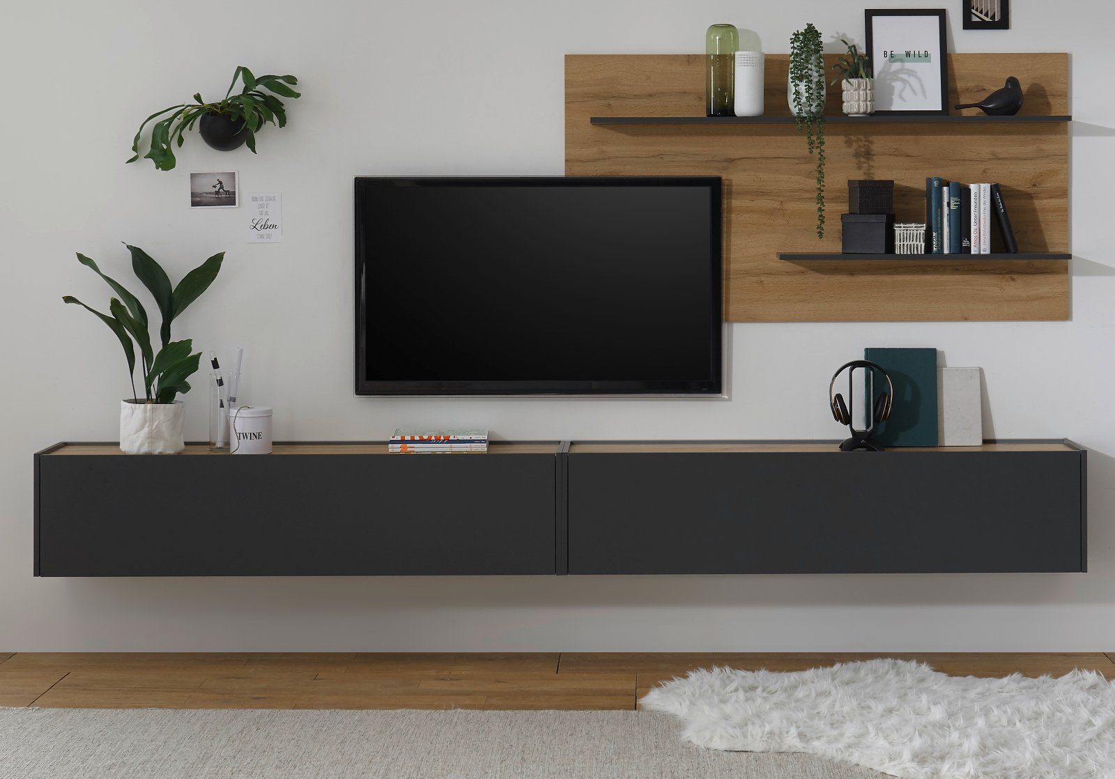 Furn.Design Wohnwand Center, (Komplett-Set, bestehend aus Lowboard 300 cm und Wandpaneel 155 cm), Breite 300 cm, mit Hänge-Lowboard
