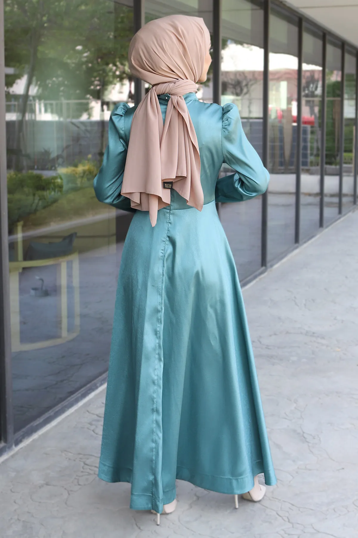 Tesettür Dünyası  Abendkleid mit Pailletten auf der Vorderseite, Tsd220544, Mintgrün