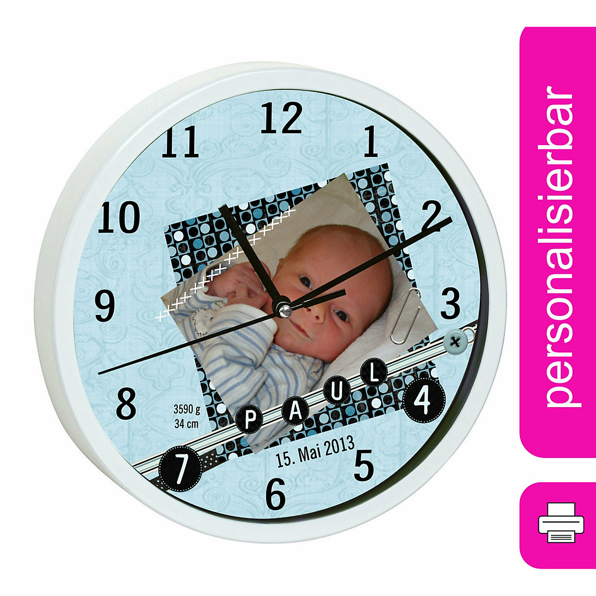 Kinder Wanduhr personalisiert mit Name Scrapbooking blau