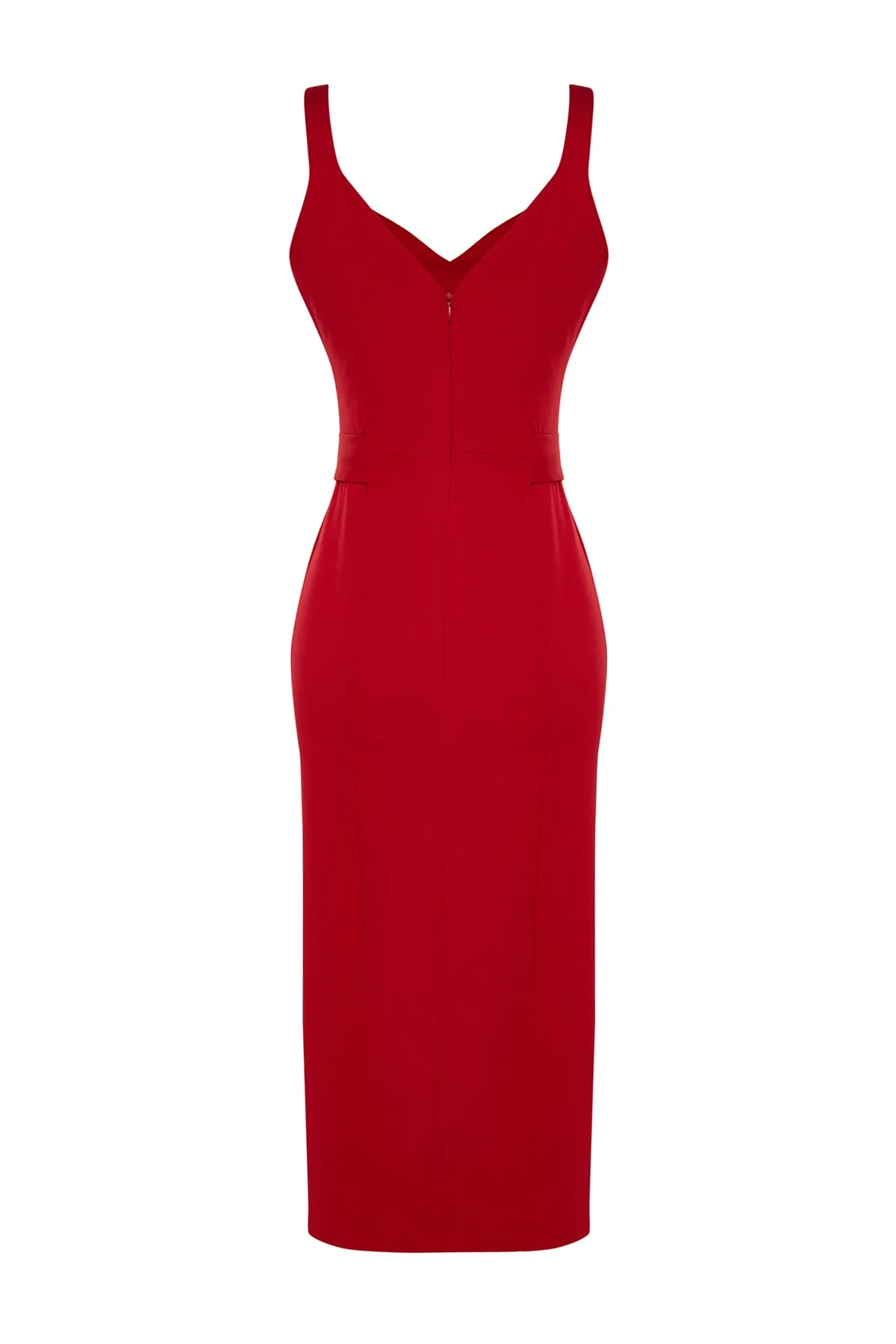 Trendyol Collection  Rotes, eng anliegendes, figurbetontes Midi-Webkleid mit Schlitz und Gürtel TWOSS23EL02262