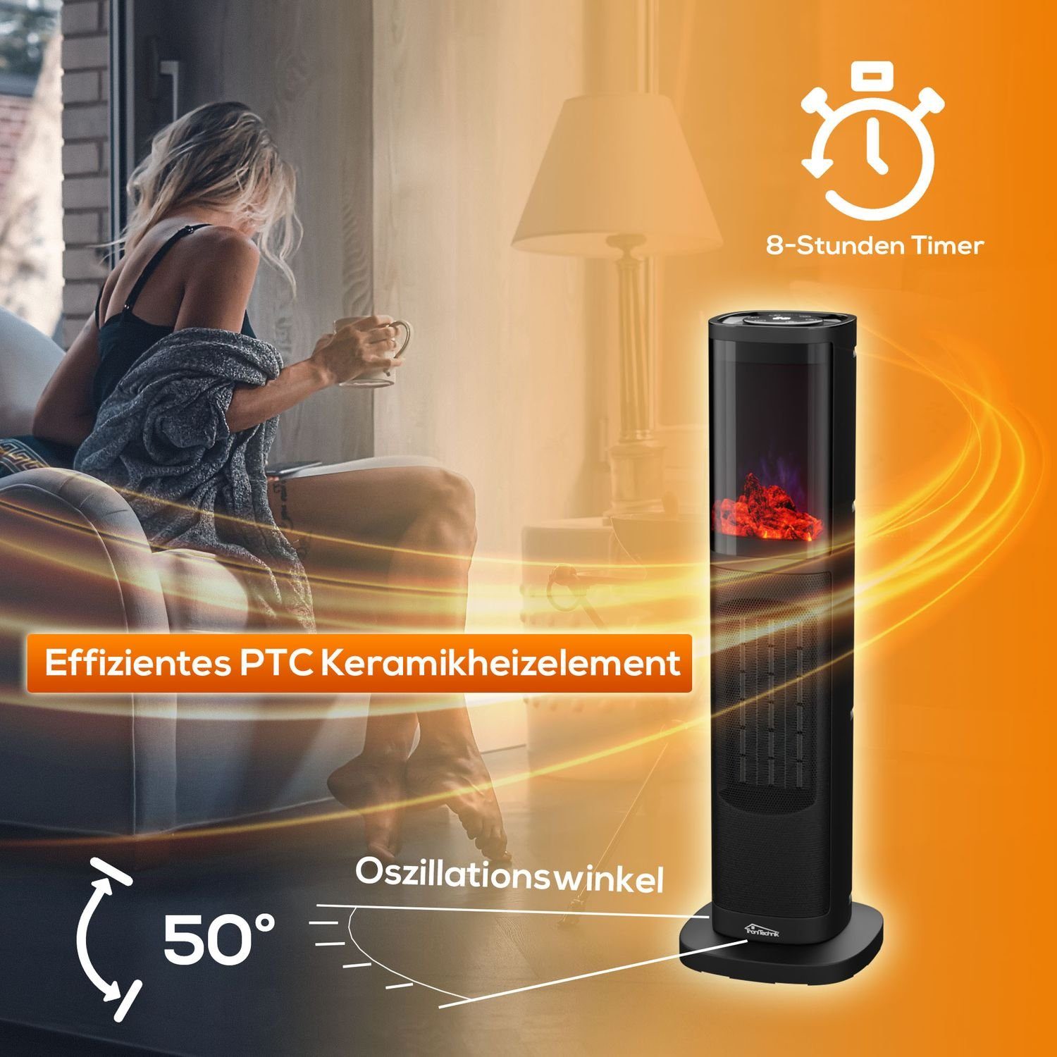 TroniTechnik Heizstrahler Turmheizer KH-063, Keramikelement, Heizgerät,Oszillation,2000W,schwarz, 2000 W, zwei Heizstufen, Überhitzungsschutz und Abschaltautomatik, Thermostat