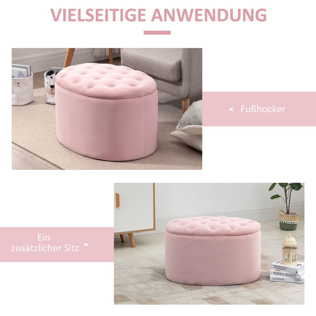 HOMCOM Sitzbank Polsterbank mit Stauraum Truhenbank Ovale Form Flur Schlafzimmer Wohnzimmer samtartiges Polyester Gummiholz Rosa 71 x 52 x 42 cm