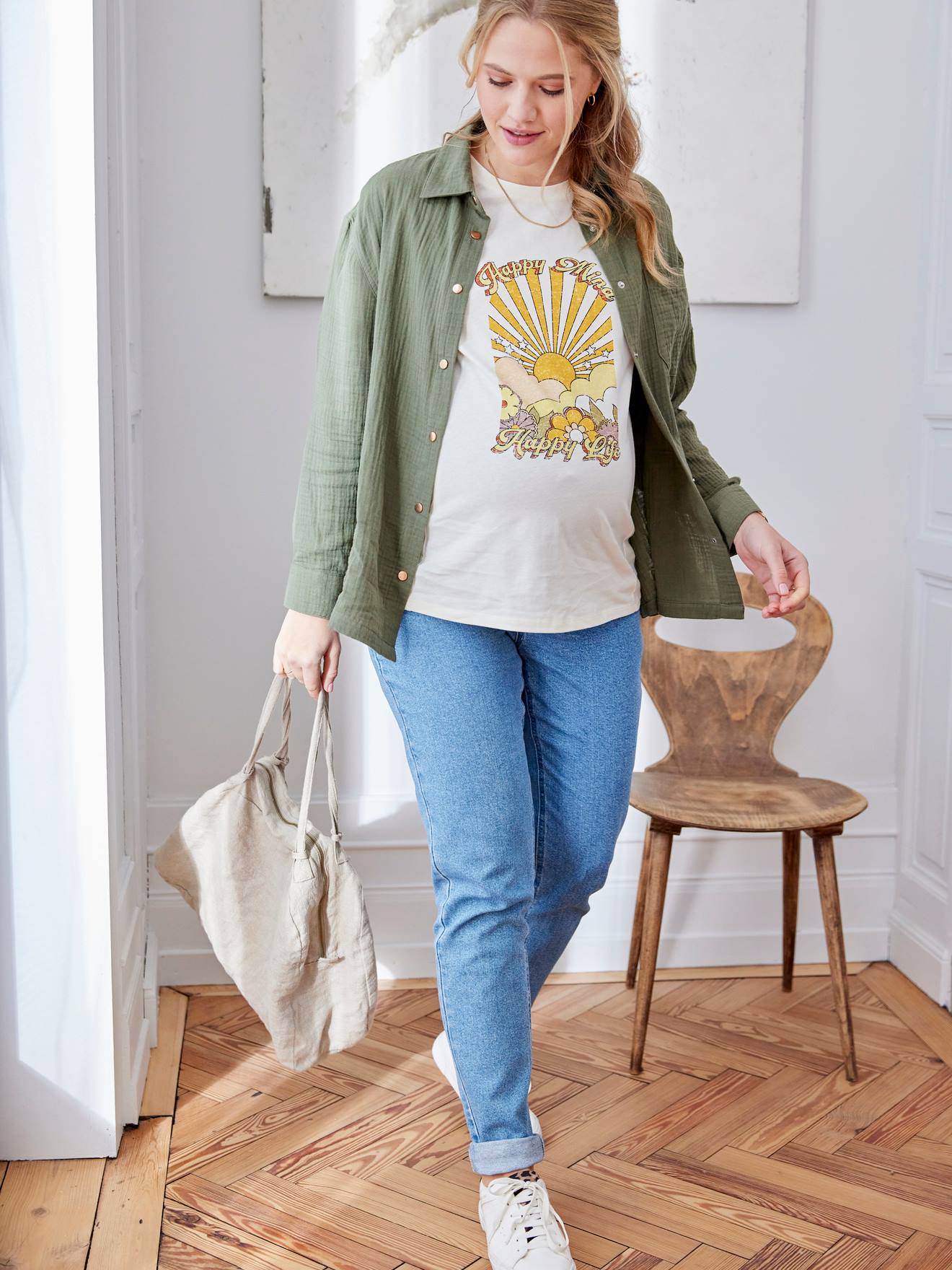 Chemise gaze de coton grossesse et allaitement olive