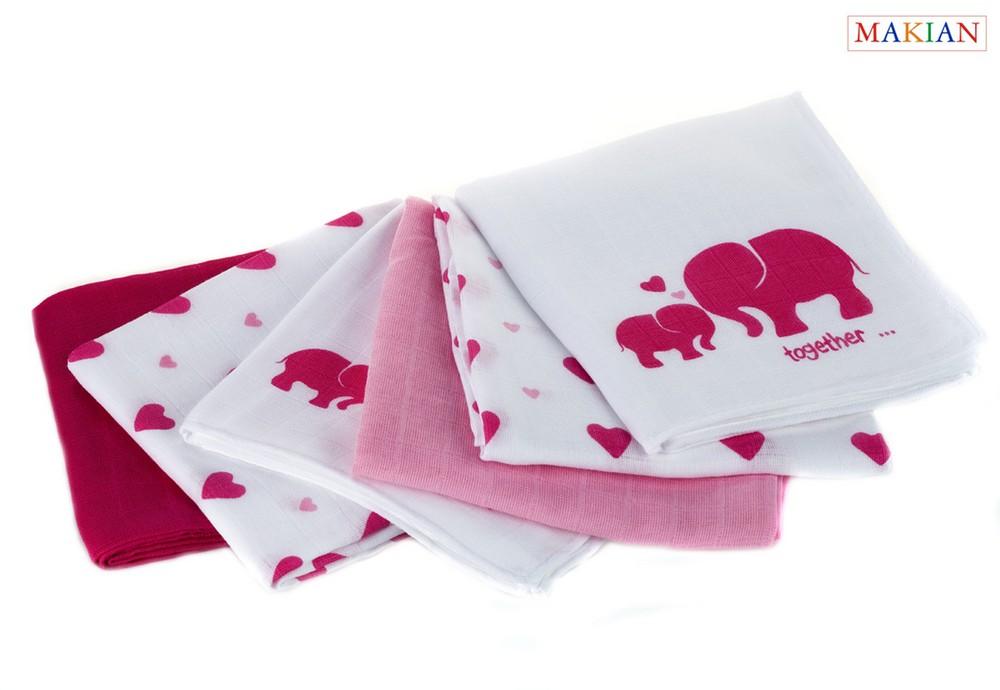 Makian Mullwindeln, 6er Set, Design Elefant/rosa, 80x80cm