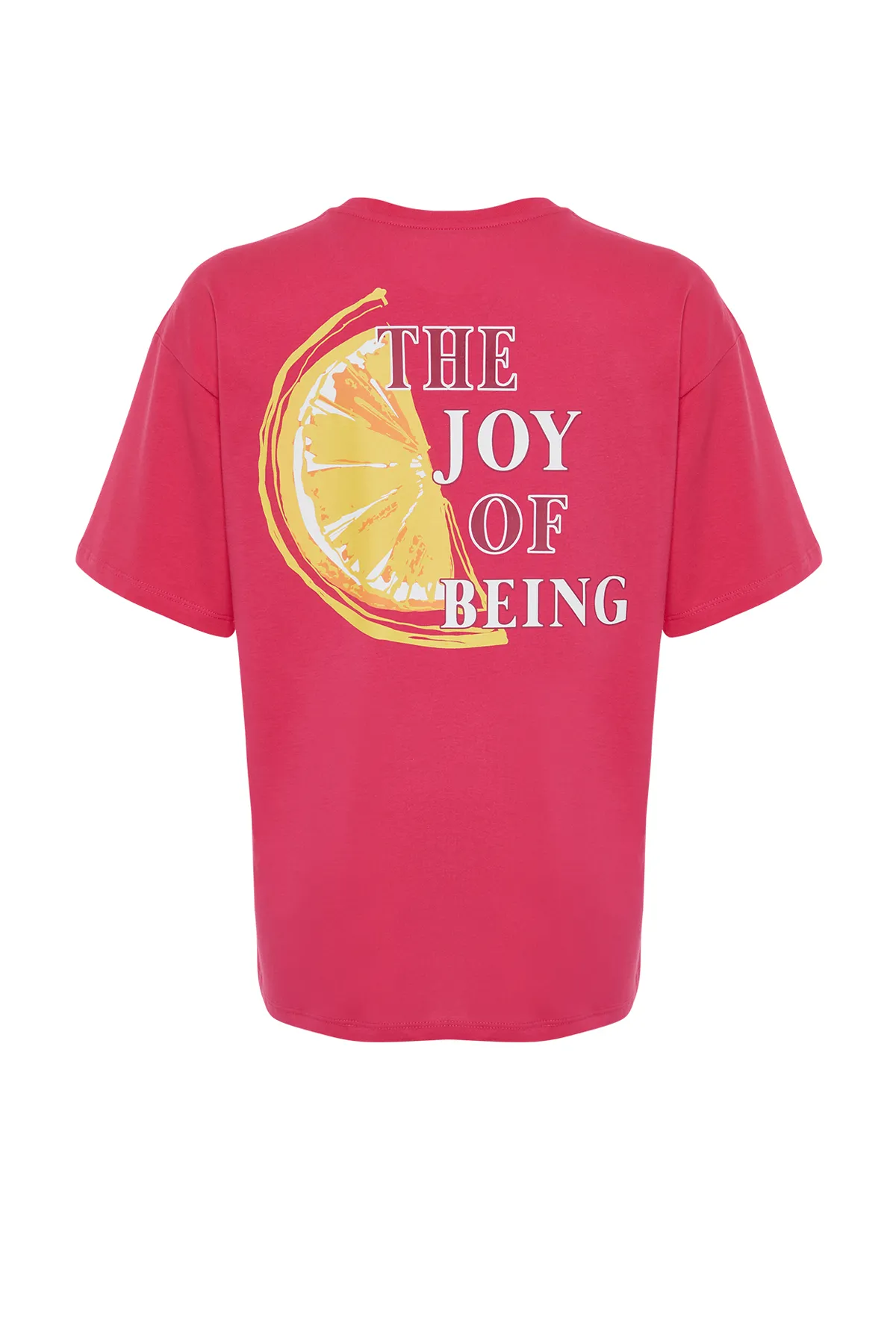 Trendyol Collection  Fuchsia-Pink, 100 % Baumwolle, bedrucktes Oversize-Strick-T-Shirt mit bequemer Passform auf der Rückseite und Vorderseite TWOSS24TS00233