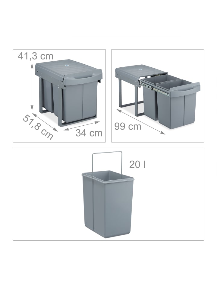 relaxdays Mülltrennsystem Grau Deluxe 2x20L günstig kaufen onesize