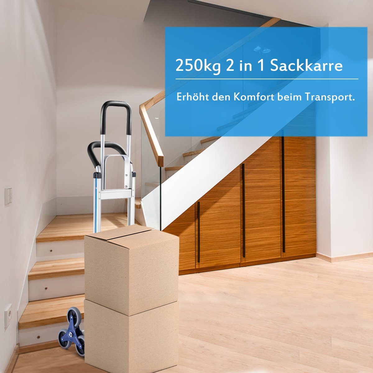COSTWAY Treppensackkarre, mit 2 Griffen & 6 Rädern bis 250kg, Alu 152x51x46cm