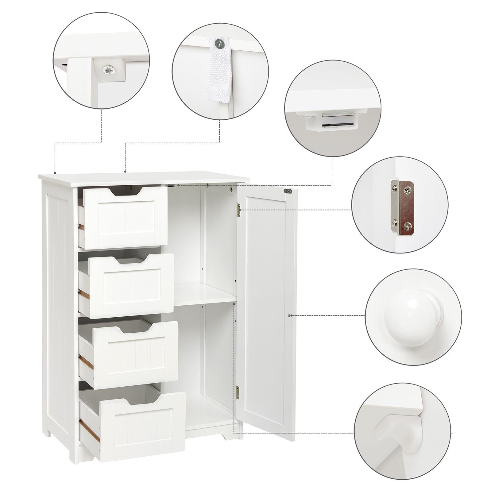 Mondeer Badkommode Badezimmerschrank, Wandkommode mit 4 Schubladen und 1 Tür, Verstellbar, Weiß