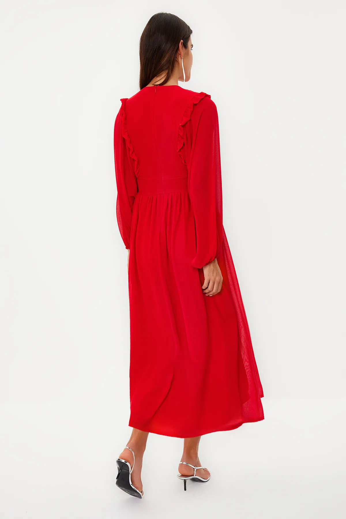 Trendyol Modest  Rotes, minimal gemustertes, mit Chiffon gefüttertes Webkleid TCTSS24EB00035