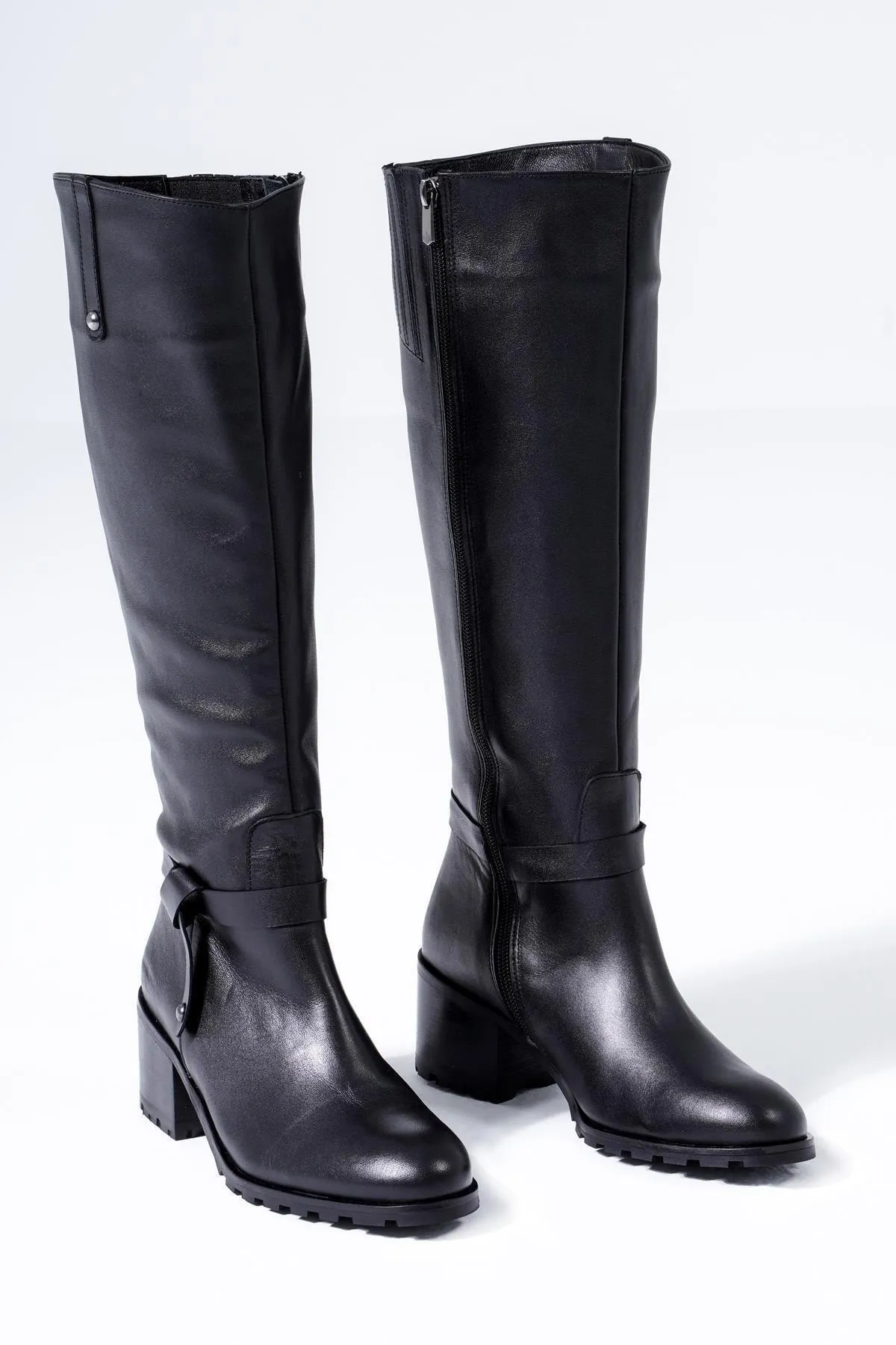 CZ London  Damenstiefel aus echtem Leder mit Absatz, Nieten, Schleife, langer Reißverschluss