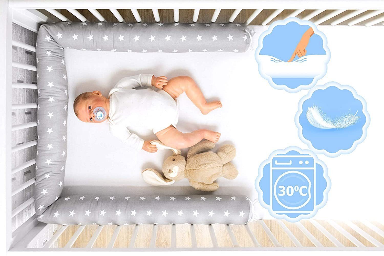Amilian Bettnestchen Bettschlange 210 cm (Made in EU), (Nestchenschlange für Kinderbett, Nestchen, Bettumrandung als Kopfschutz, Kantenschutz für Ihr Babybett), 100% Baumwolle, waschbar bei 30°C
