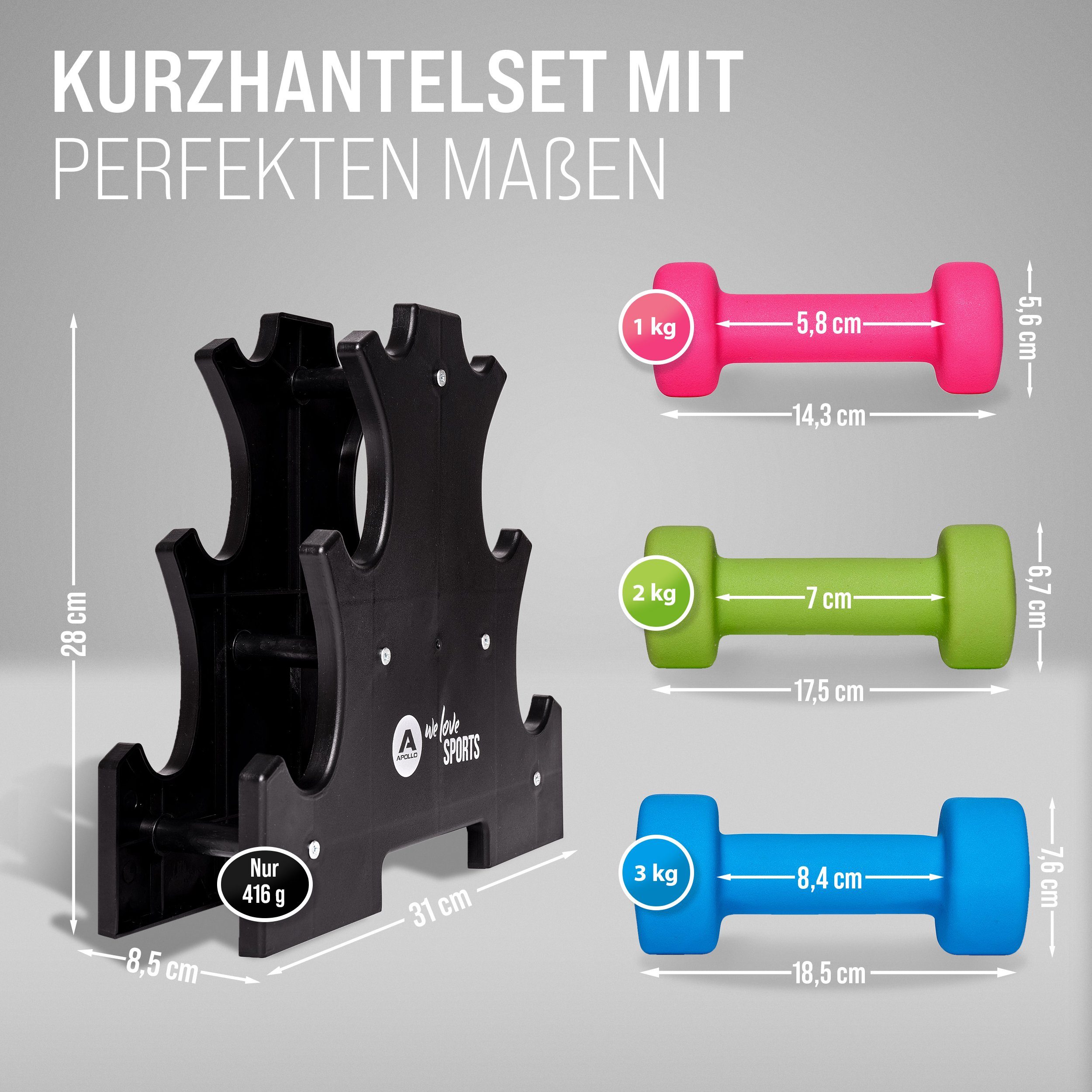 Apollo Kurzhantel Hantel Set Kurzhantel Fitness Hanteln 1-3 kg, (inkl. Hantelständer), rutschfest, 2x 1kg, 2x 2kg, 2x 3kg
