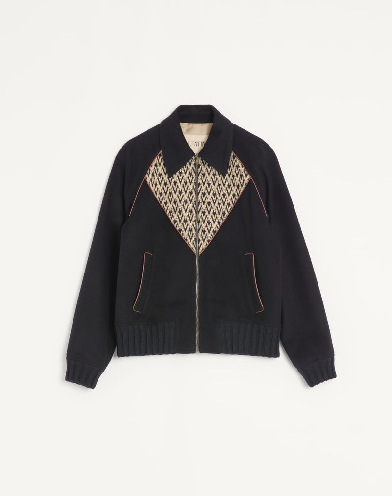 Valentino bomberjakke i uld og kashmir med drapering og indlagt V-hals med jacquardmotiv Toute La V