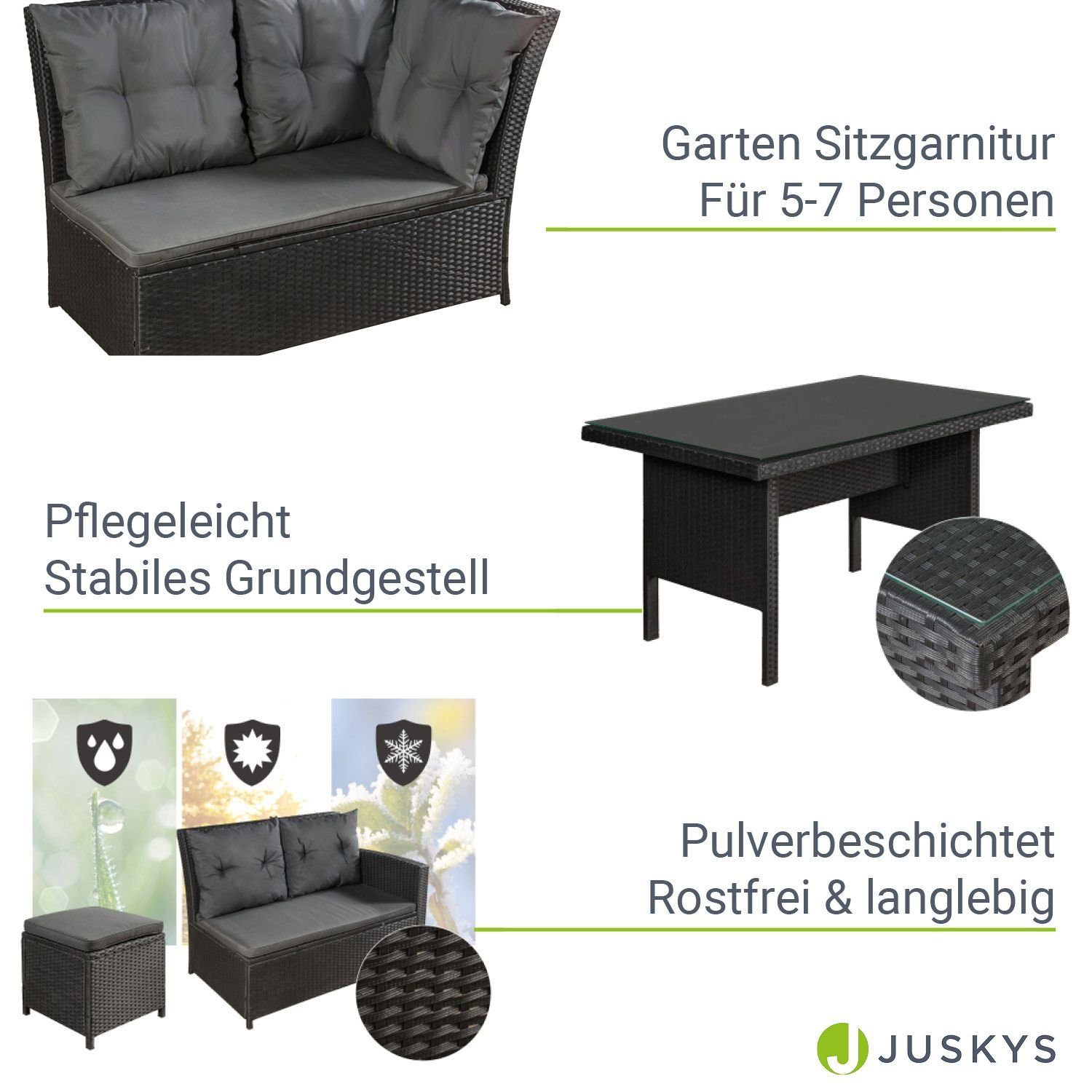 Juskys Gartenlounge-Set Santa Catalina, (Set, Sitzgruppe), 2 zusätzliche Hocker, Tisch mit Glasplatte, Waschbare Bezüge