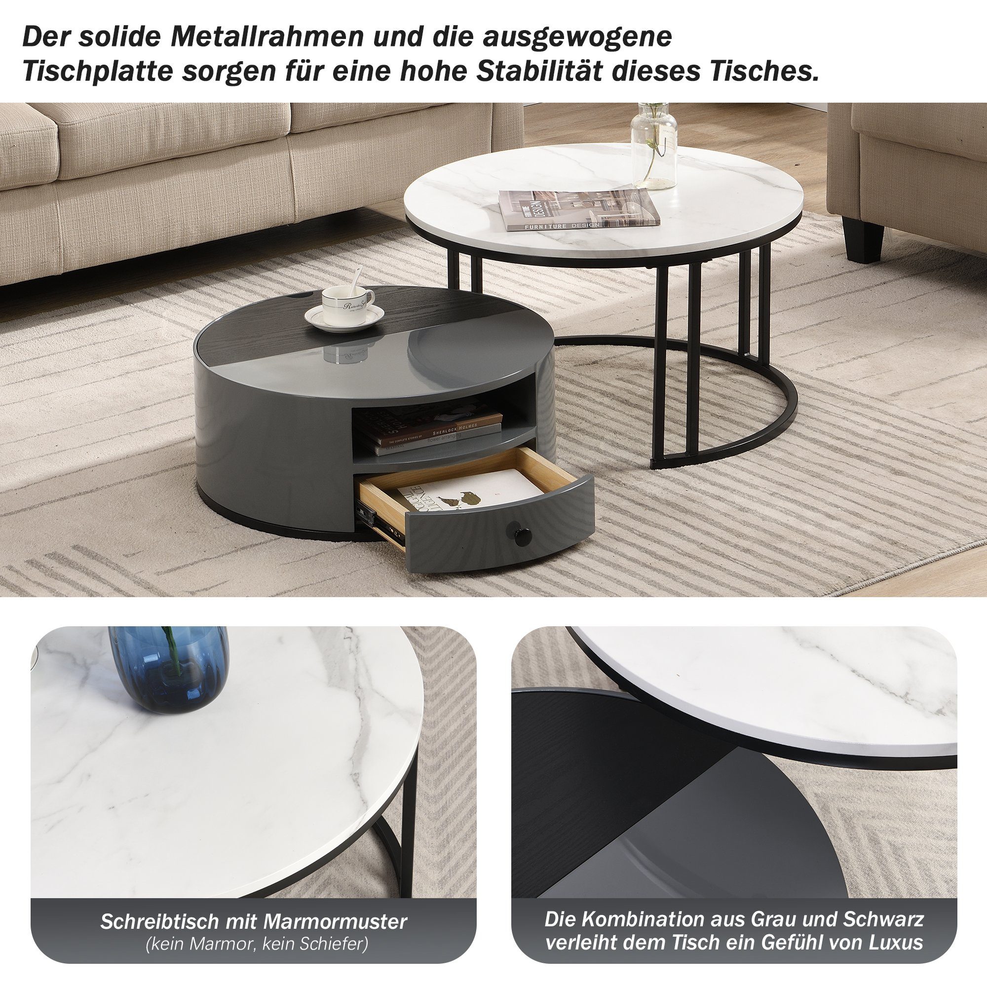 BlingBin Couchtisch Zweiteiliger Nesting-Couchtisch (1-St., 2er set, Schwarzer und grauer PVC-Marmor-Look und Aufbewahrung), mit Schublade und offener Stauraum, Staufach unter dem Schreibtisch