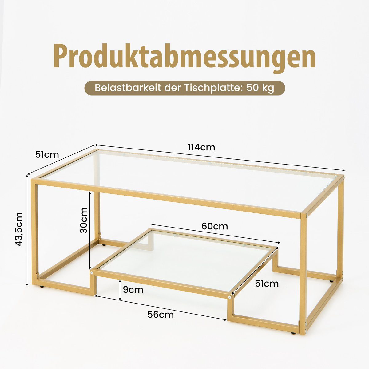 COSTWAY Couchtisch, Glas, Gold, mit Metallrahmen, 114 x 51 x 43,5 cm