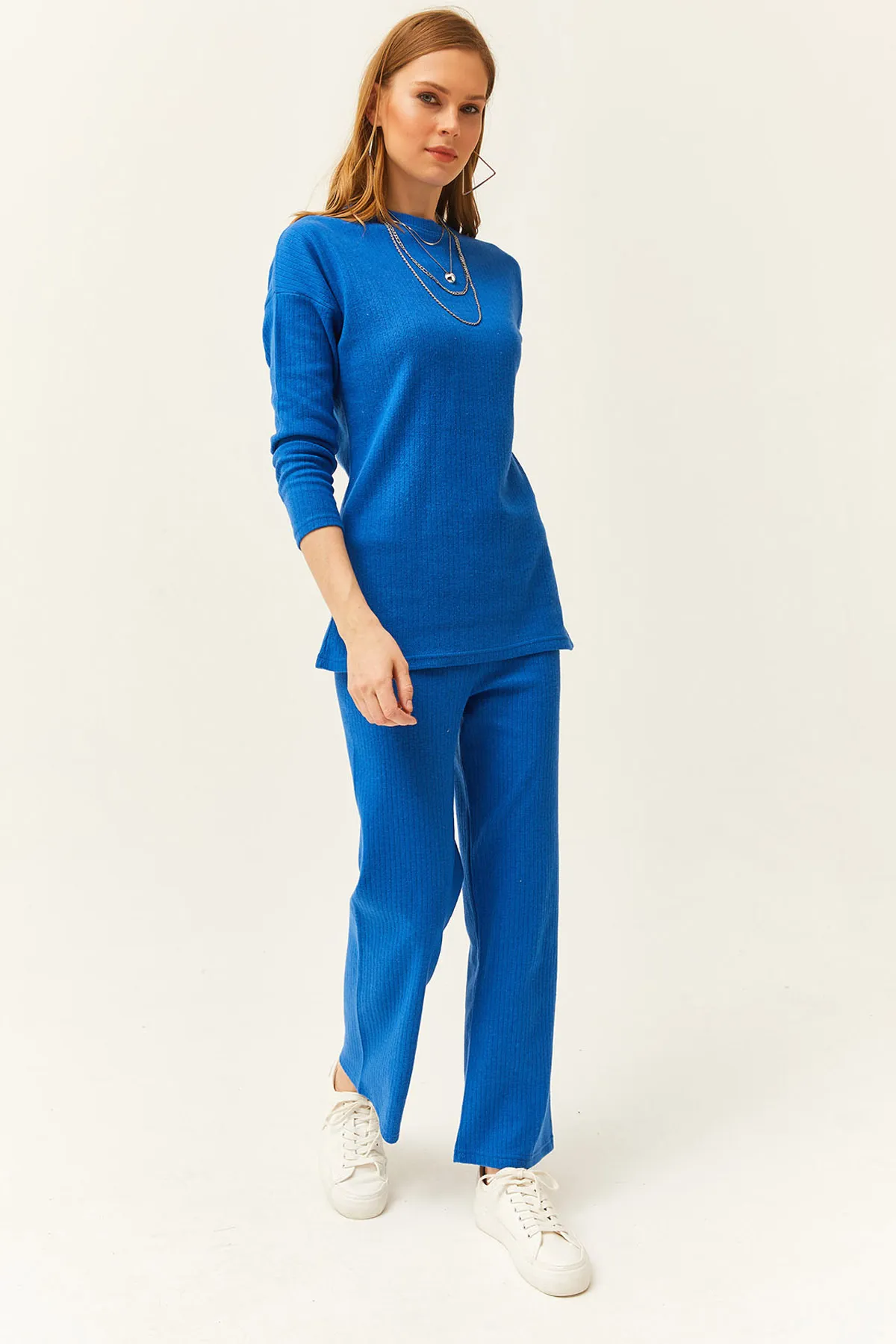 Olalook  Damen Saks Blau Unterteil Top Erhöhtes Geripptes Dickes Team TKM-19000242