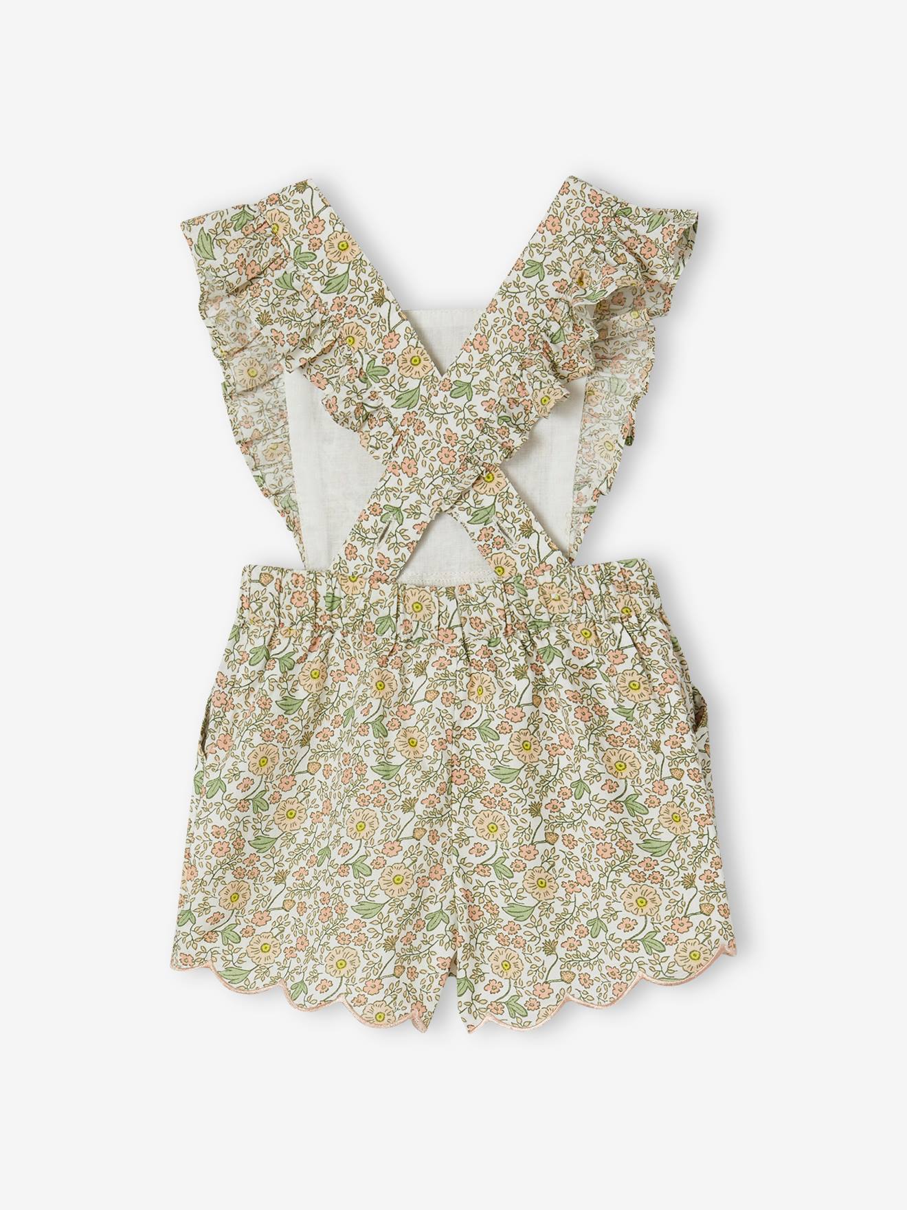 Vertbaudet Kurzer Mädchen Baby Overall mit Blumenmuster - vanille