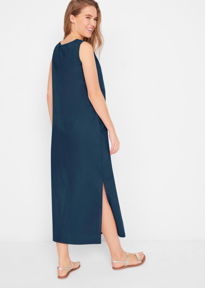 Maxi-Kleid mit Leinen, Lochmuster am Ausschnitt und Seitenschlitz