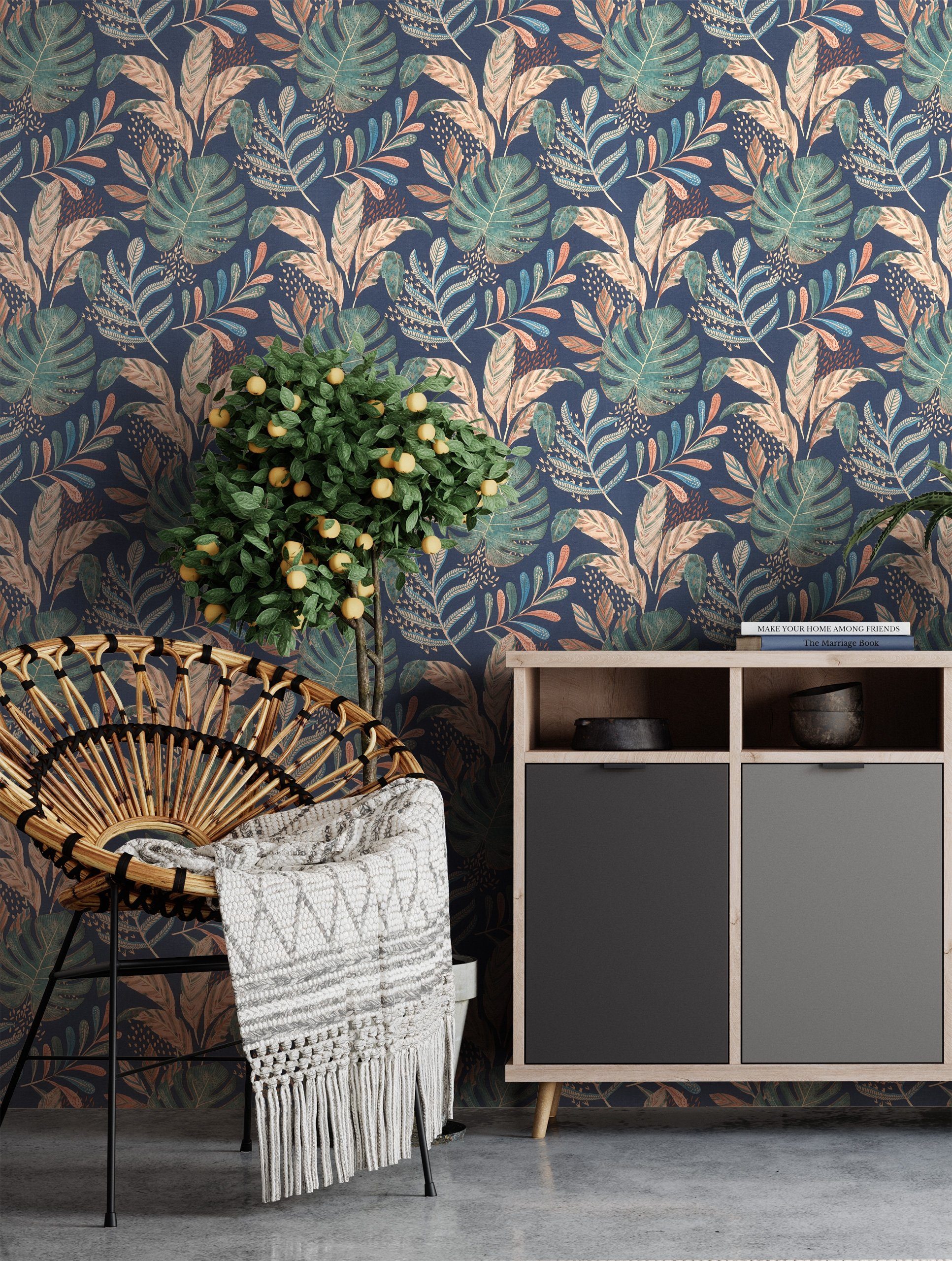 Newroom Vliestapete, Blau Tapete Tropisch Dschungel - Dschungeltapete Grafisch Bunt Floral Modern Blätter Blumen für Wohnzimmer Schlafzimmer Küche