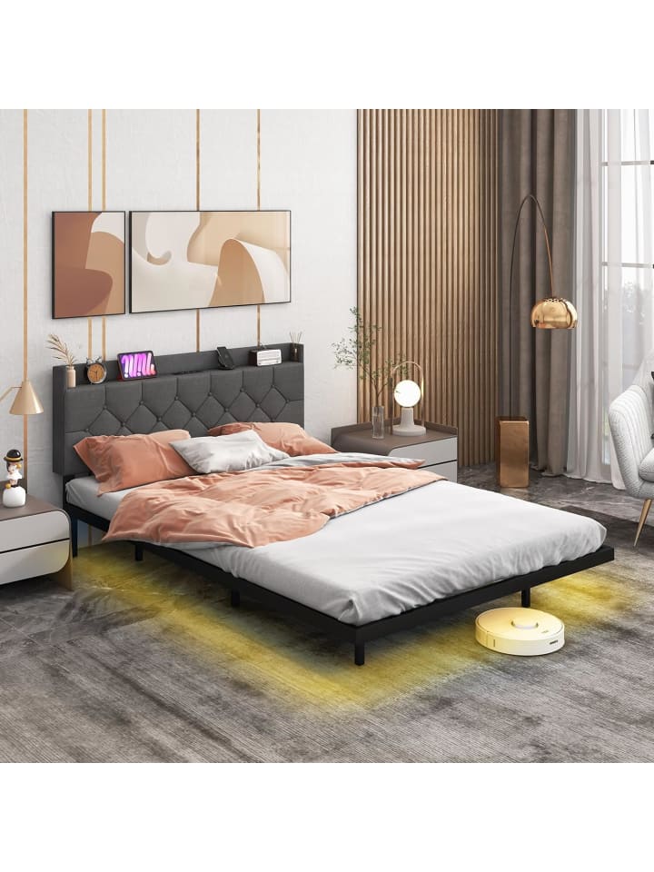 COSTWAY Bettgestell 200x140cm mit Ladestation LED in Grau günstig kaufen onesize