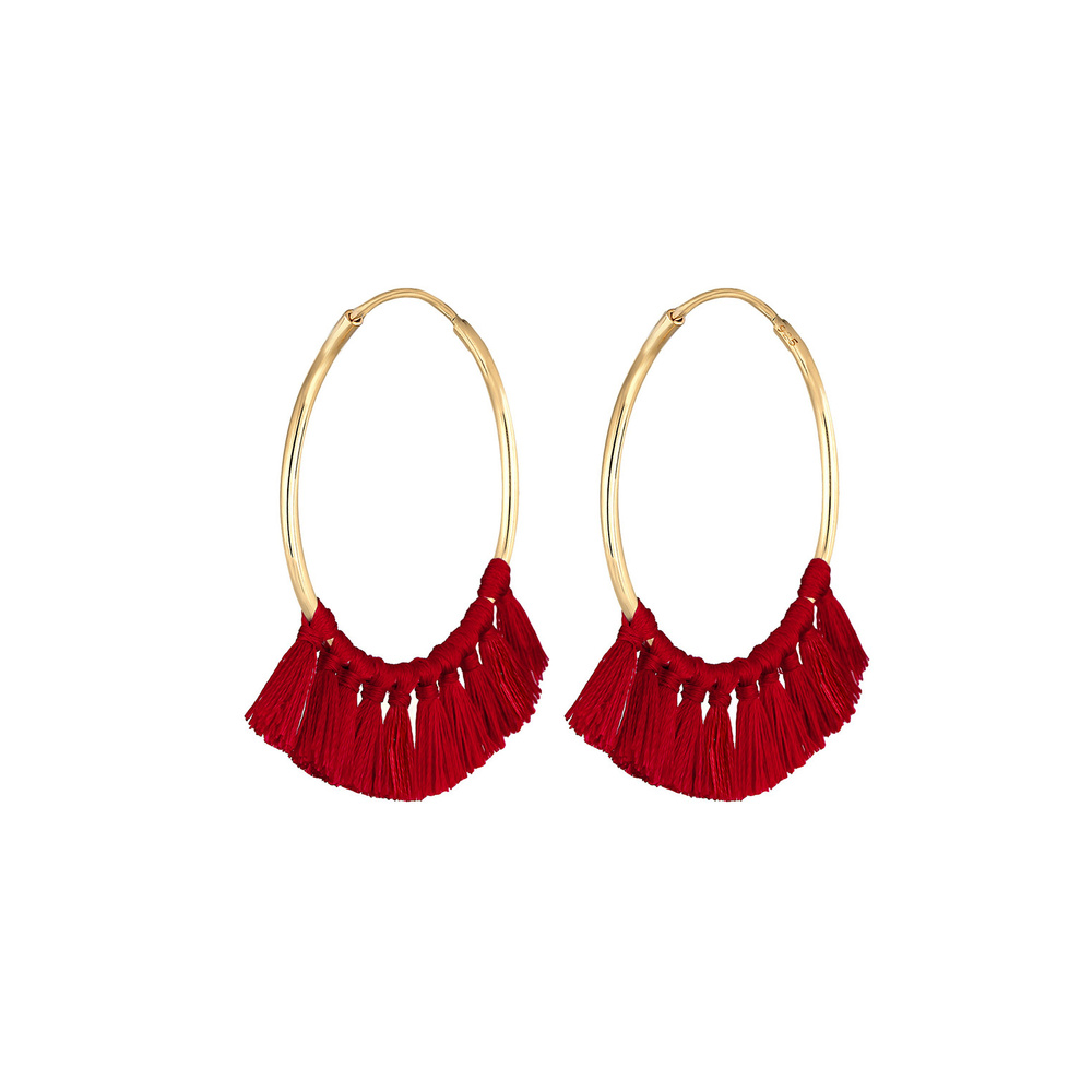Elli Elli Boucles d'Oreilles Créole Boho Pompon Rouge Boucles d'oreilles Femme - Plaqu Boucles d'oreilles