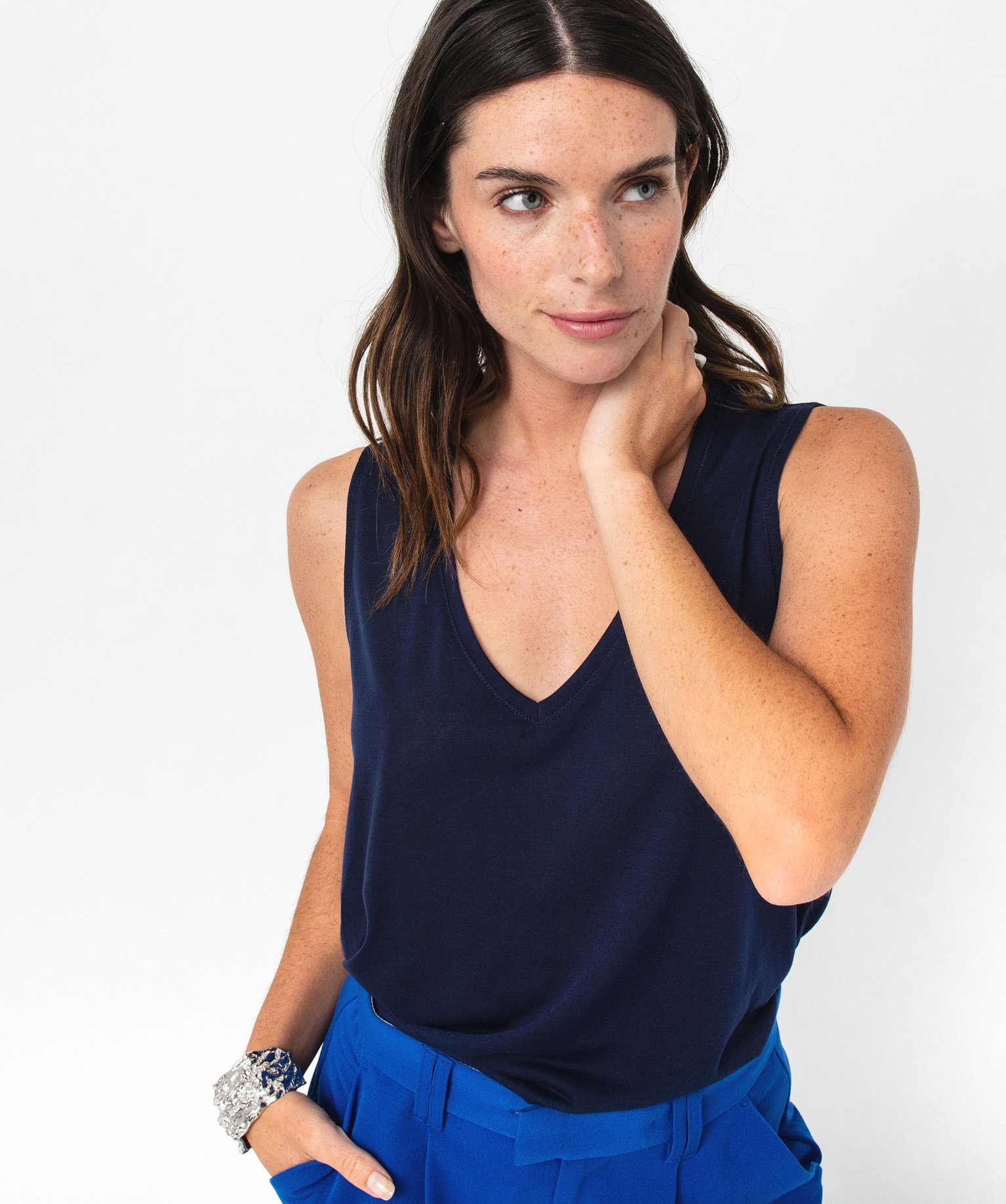 Débardeur col V en maille fluide femme bleu | GEMO