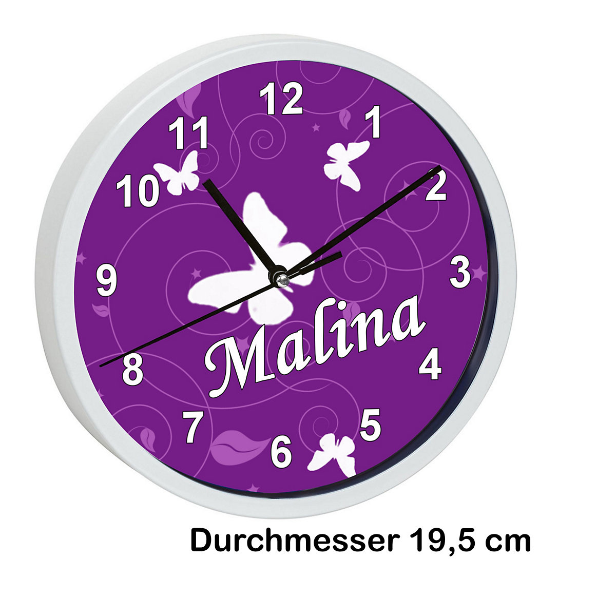 Kinder Wanduhr personalisiert mit Name Schmetterling Lila