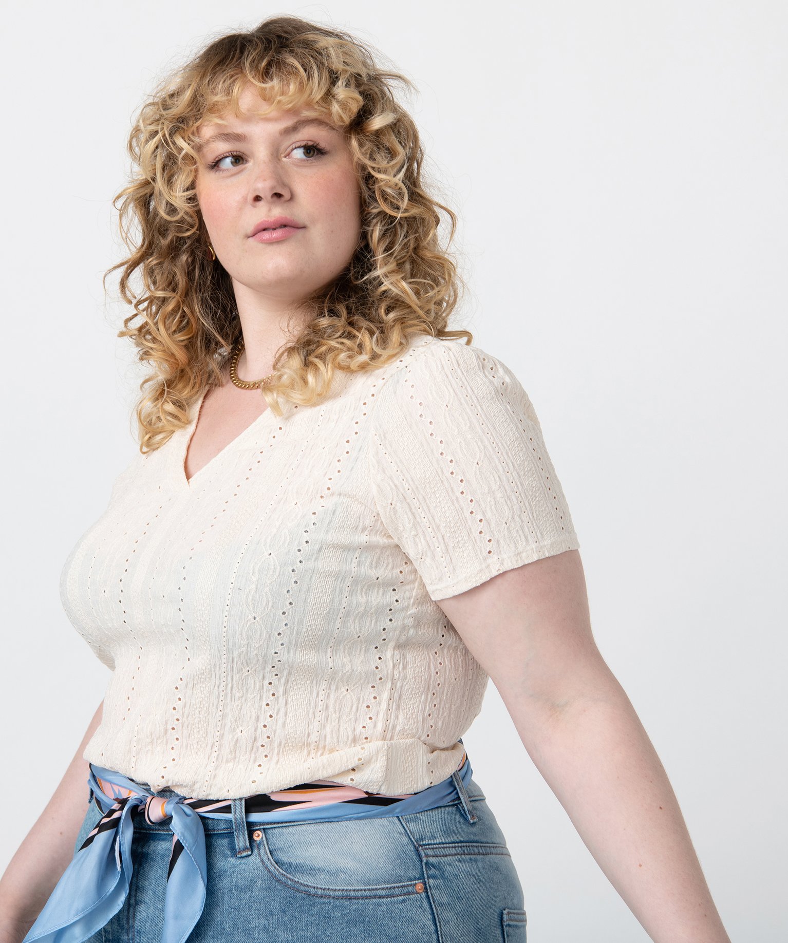 Tee-shirt femme grande taille à manches courtes en maille a... ecru | GEMO