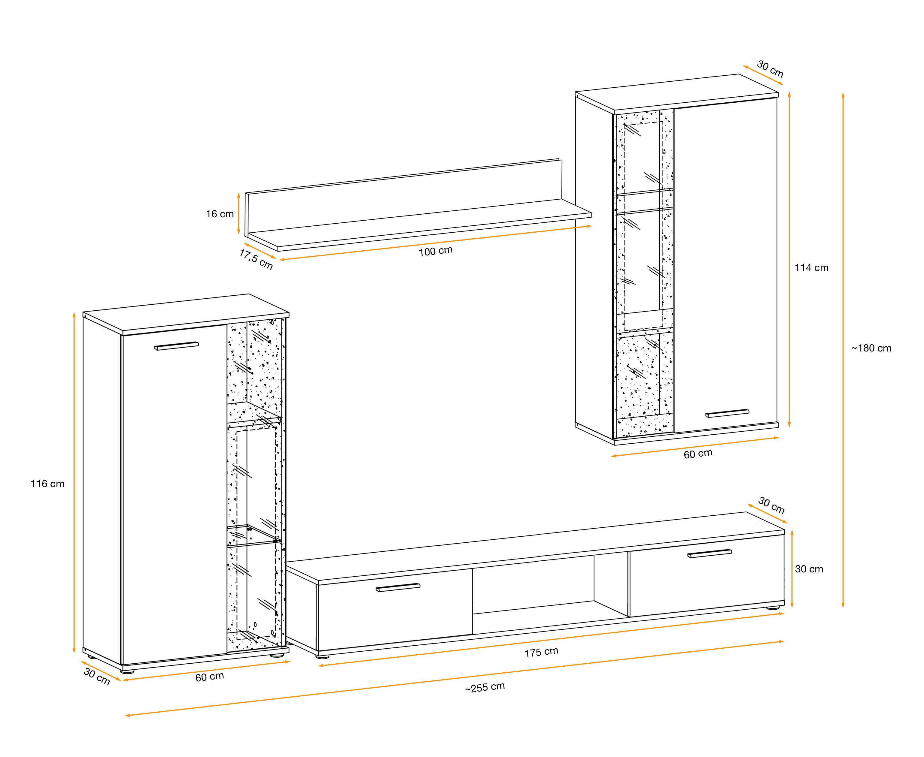 Unique Home Wohnwand Wohnwand WO, 255x180x30 cm, Farbe Hickory Jackson