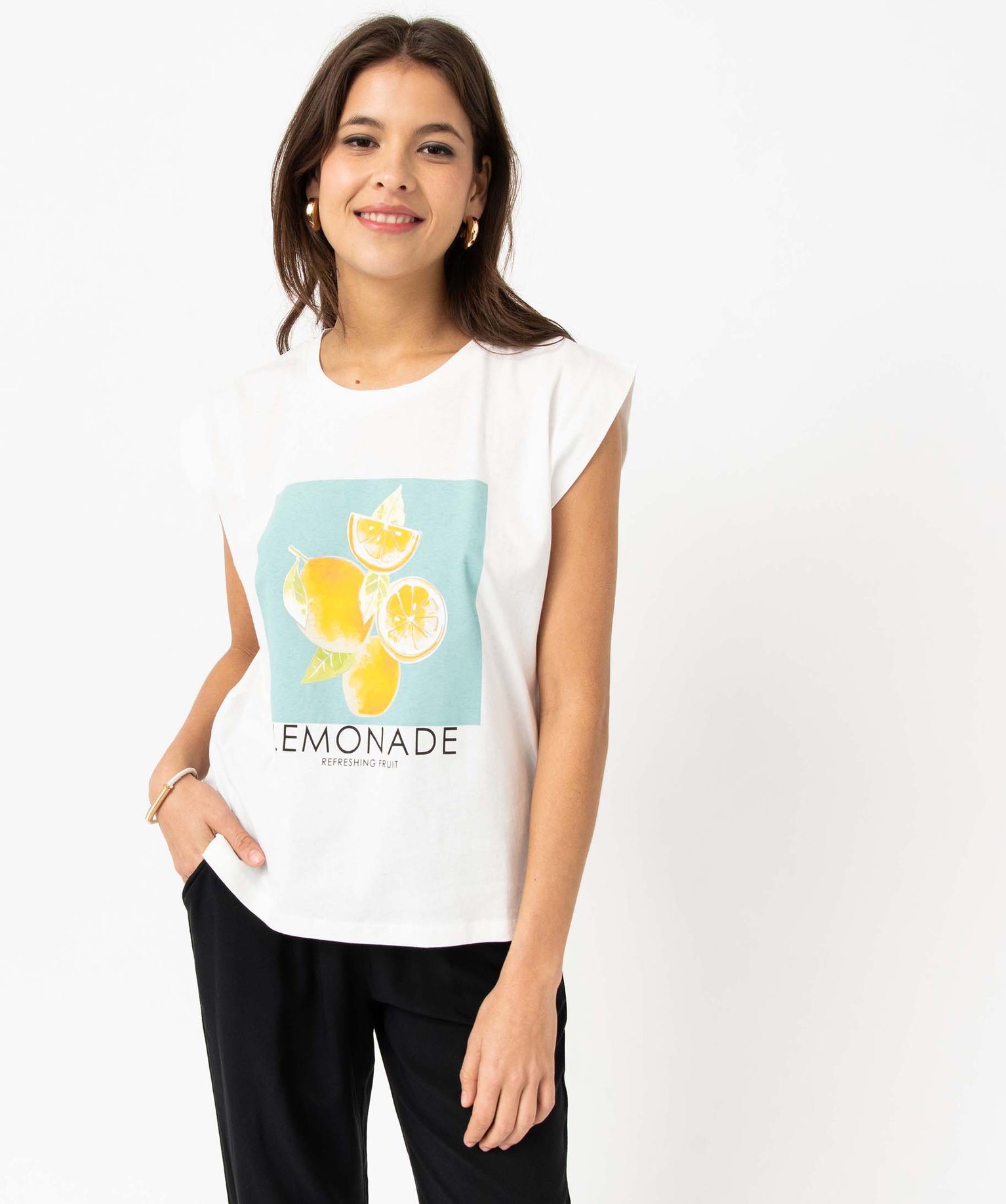 Tee-shirt manches courtes coupe loose en coton imprimé femme imprime | GEMO