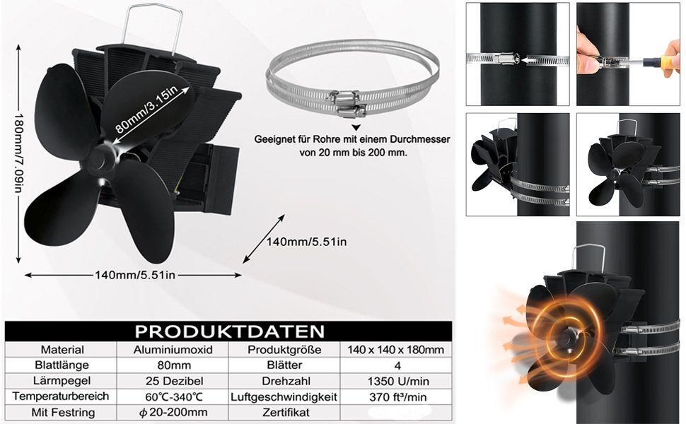 UISEBRT Kaminventilator Ofenventilator Ohne Strom für Ofenrohr, Leiser Kamin Ventilator