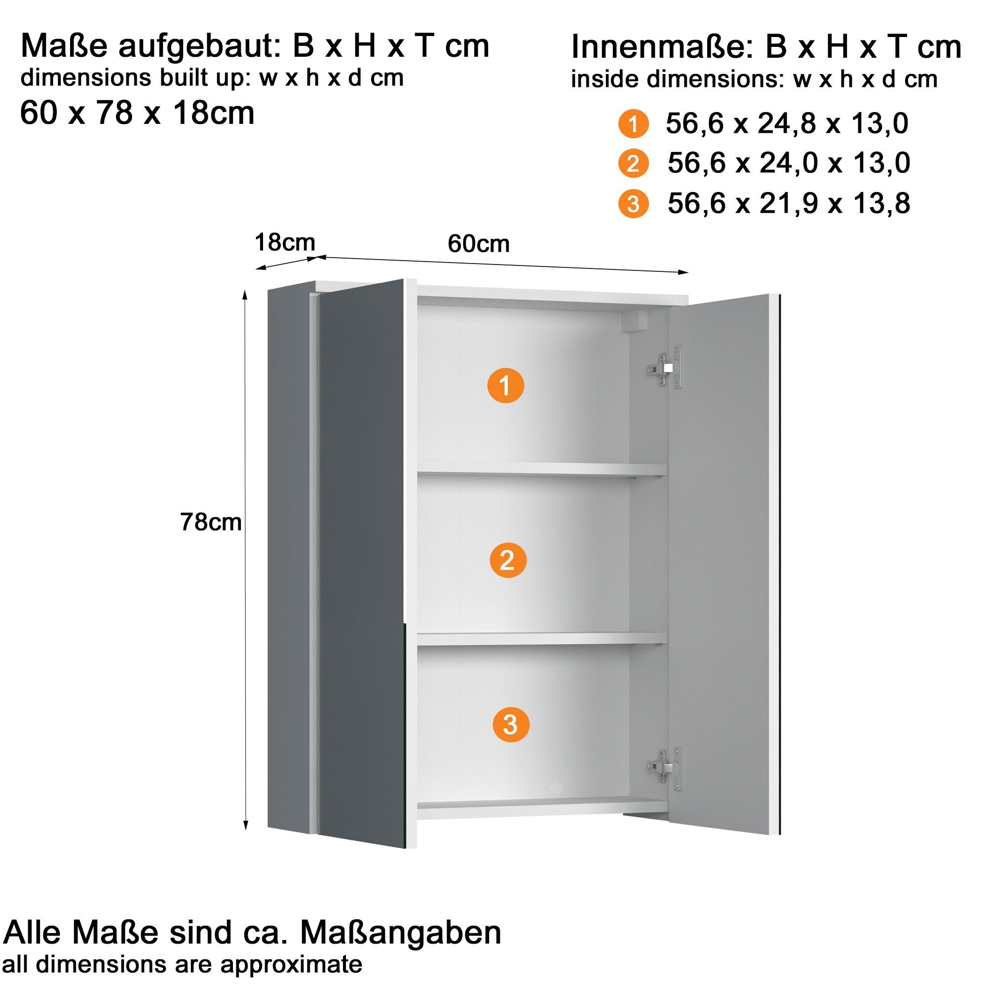 welltime Spiegelschrank Prag (1-St) Badmöbel mit zwei Spiegelglastüren, Breite 60cm