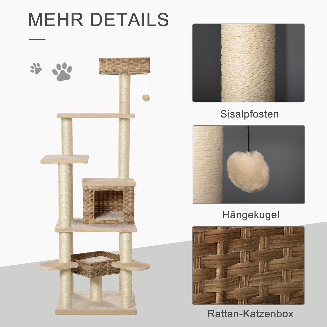PawHut Rattan Kratzbaum mit Katzenhöhle Hängematte Mehrstufiger Katzenbaum Kletterbaum für Katzen E1 MDF Sisal Beige Braun 55 x 55 x 174 cm