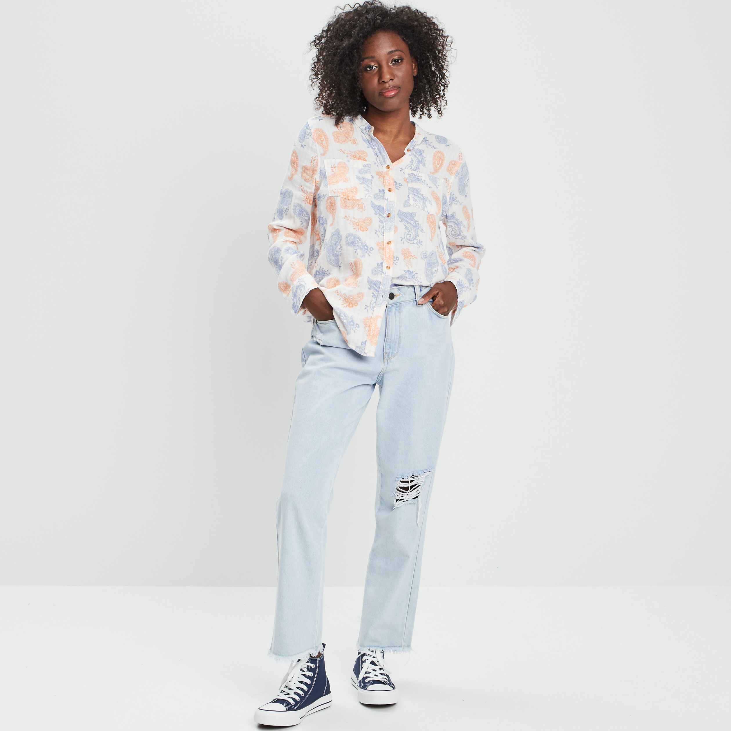 Chemise manches longues col mao ecru femme | La Halle