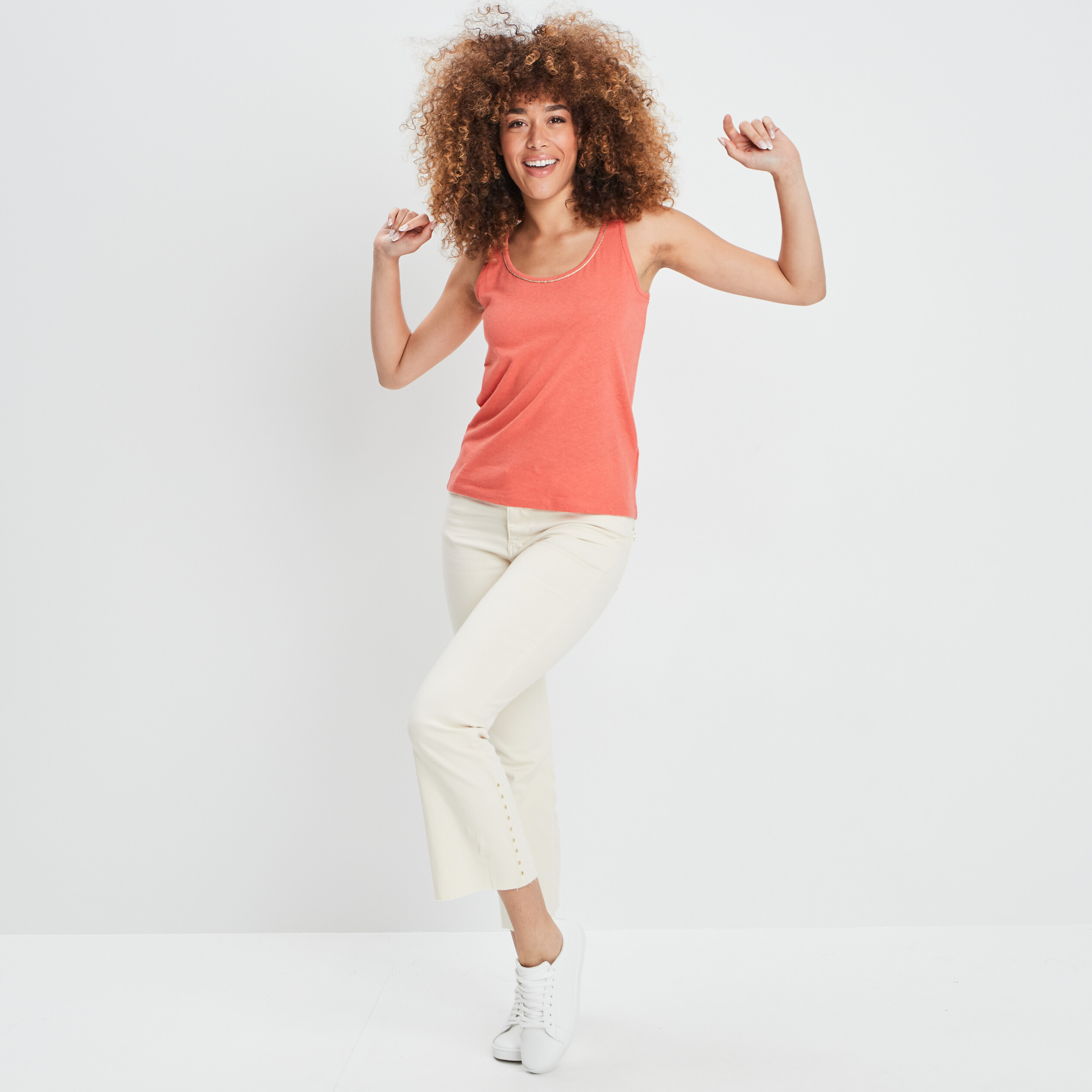 Débardeur bretelle large mélange de lin rose corail femme | La Halle