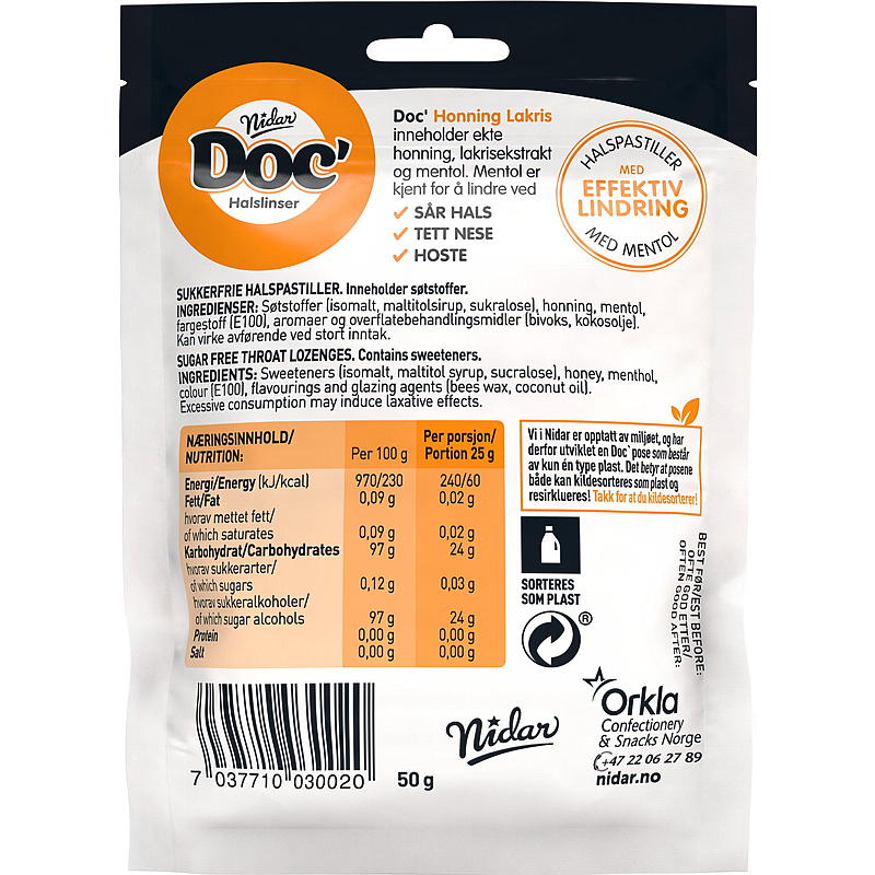 Nidar Doc halslinser 50 g Honning-lakris