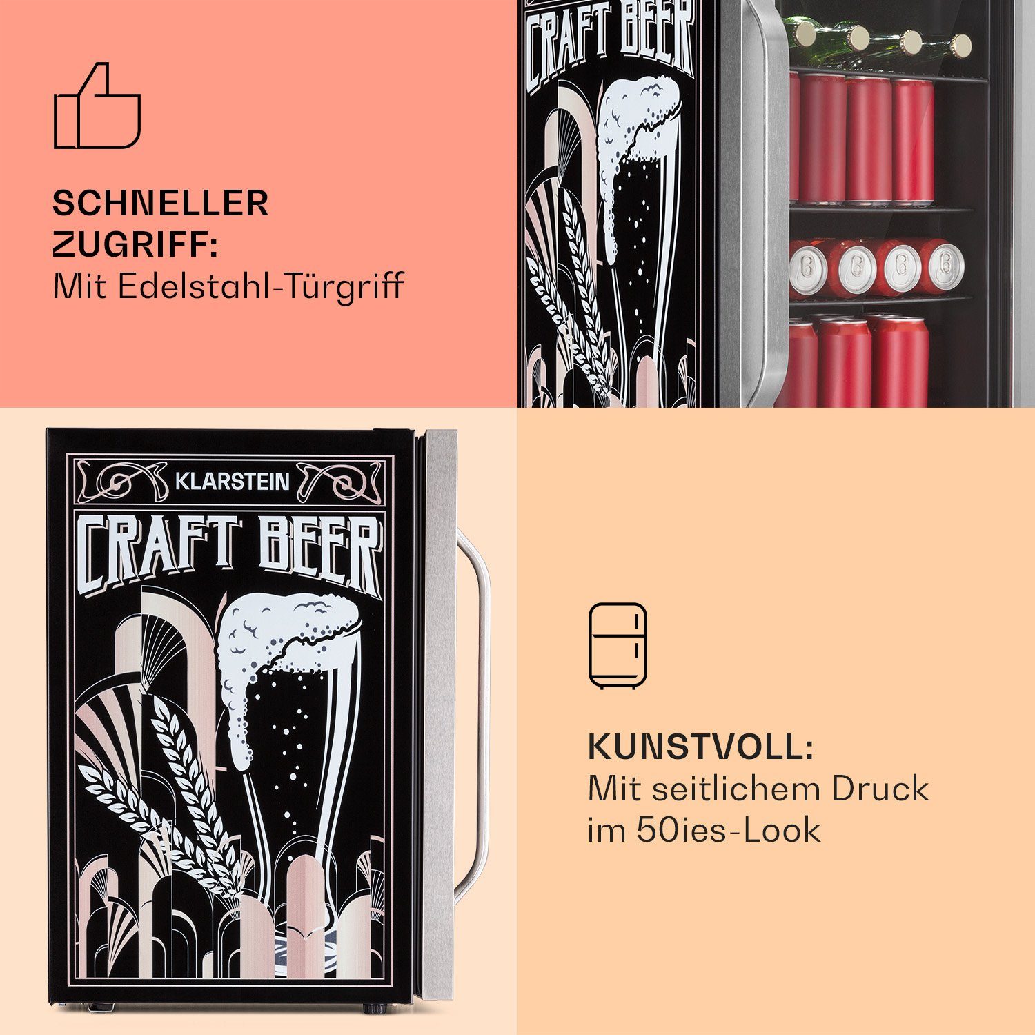 Klarstein Getränkekühlschrank HEA13-CraftBeer-SS 10041181, 67 cm hoch, 43 cm breit, Bierkühlschrank Getränkekühlschrank Flaschenkühlschrank mit Glastür