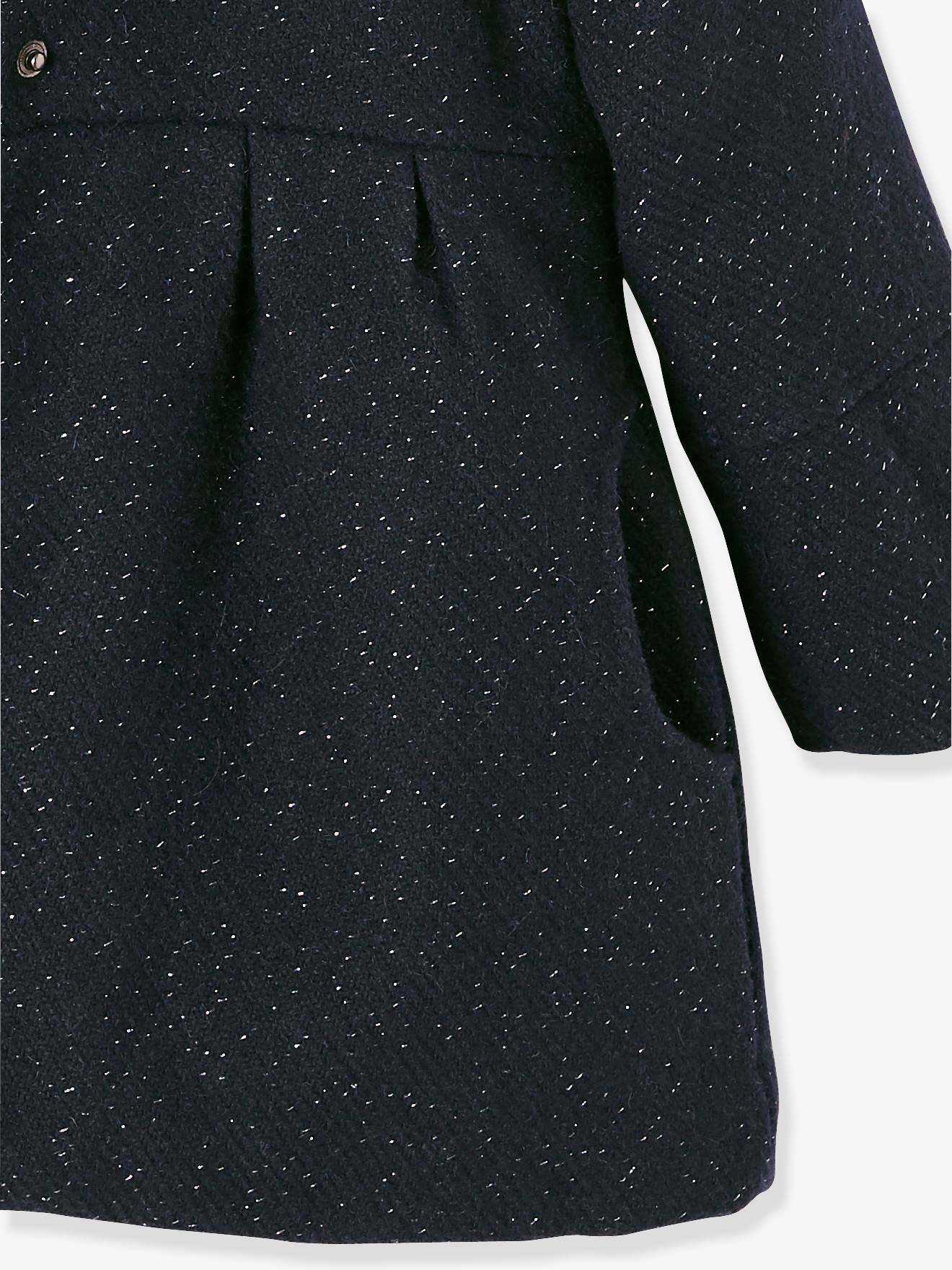 Manteau à capuche en drap de laine fille marine grisé