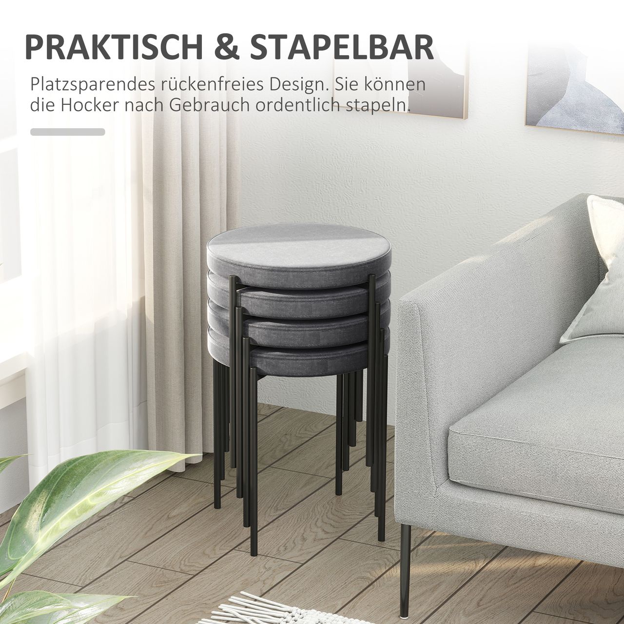 HOMCOM 4er-Set Esszimmerhocker Stapelhocker Küchenhocker Thekenhocker mit gepolstertem Sitz Rundhocker Barhocker Velvet-Touch modern Küche Esszimmer Polyester Stahl Dunkelgrau 41,5 x 41,5 x 46 cm